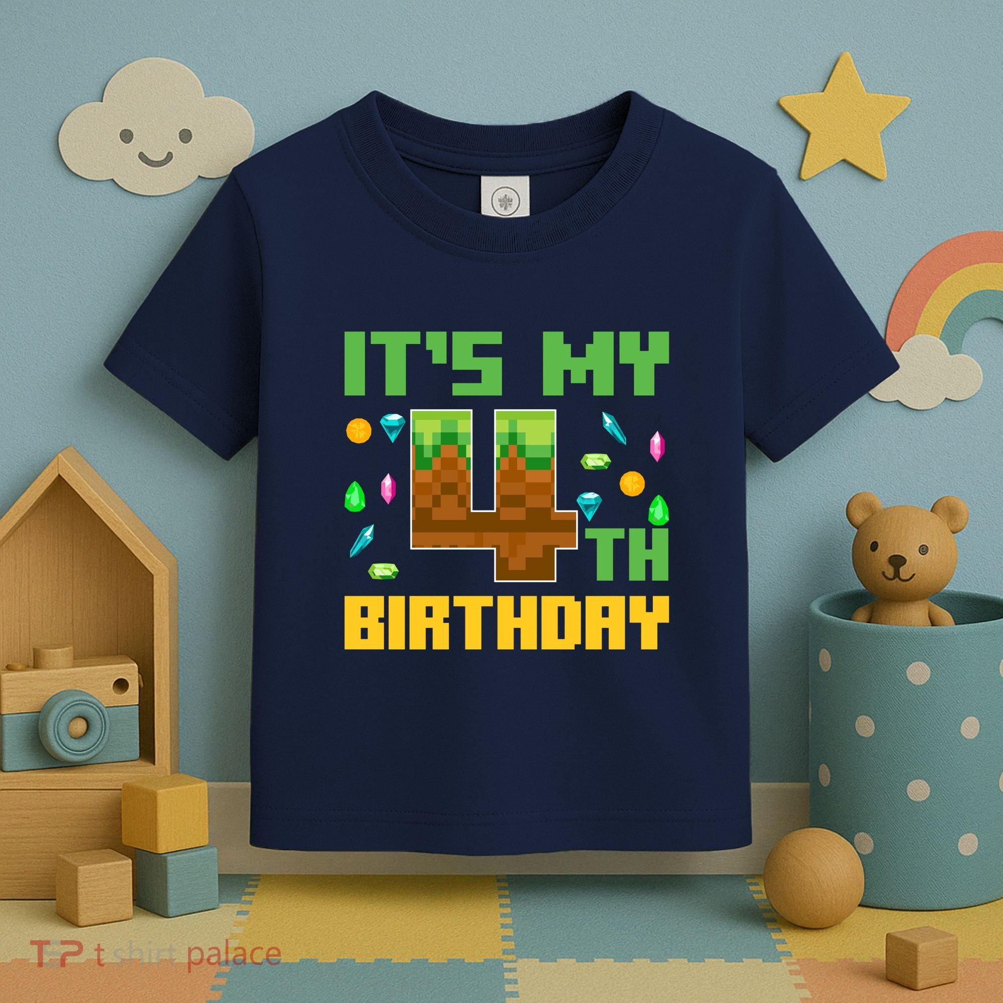 Funny Birthday Boy ItS My 4th Birthday Video Game Pixel Toddler T-Shirt