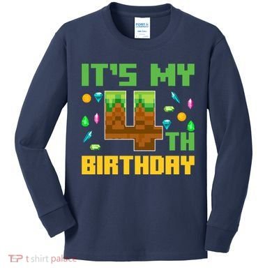 Funny Birthday Boy ItS My 4th Birthday Video Game Pixel Kids Long Sleeve Shirt
