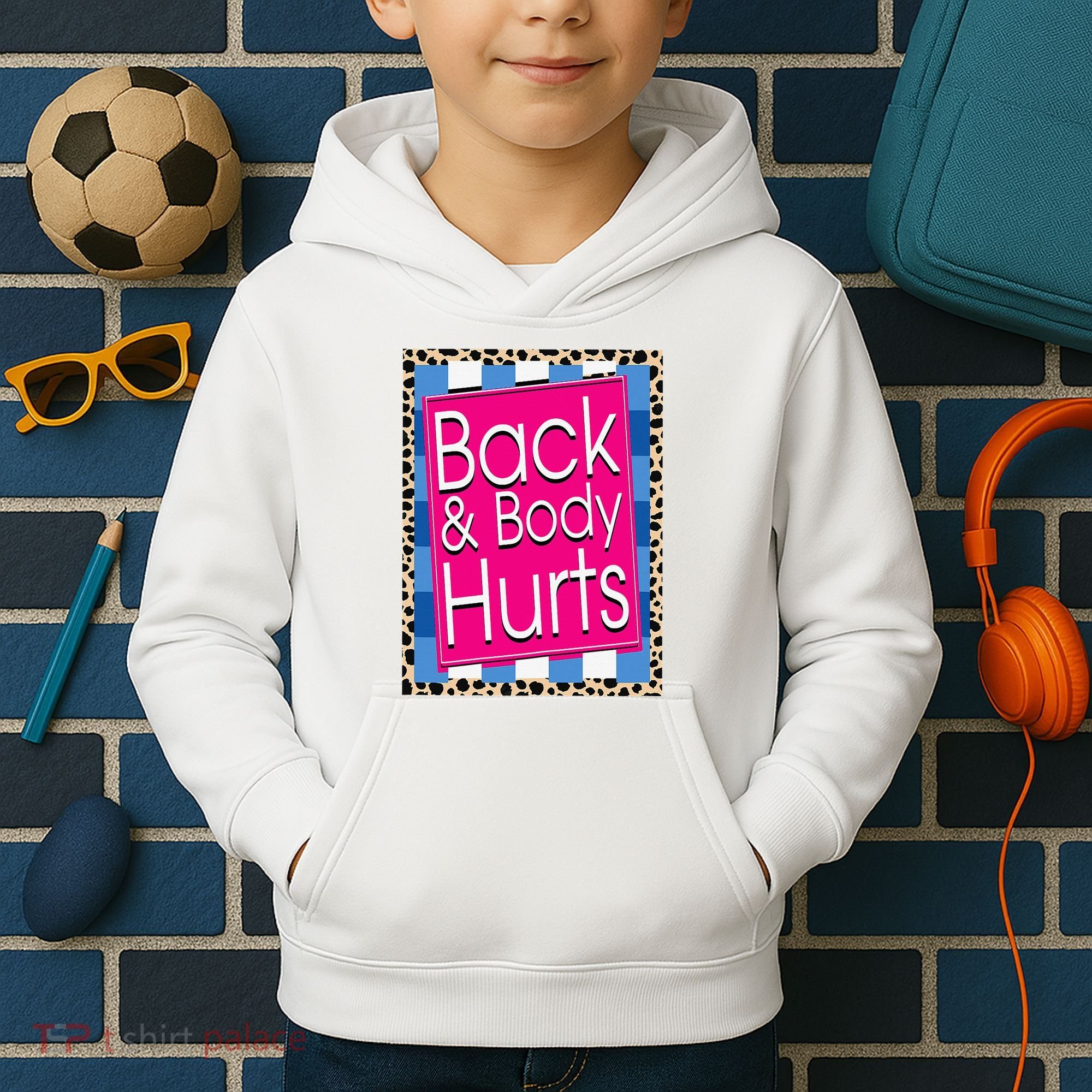 Funny Back Body Hurts Quote Workout Gym Leopard Kids Hoodie