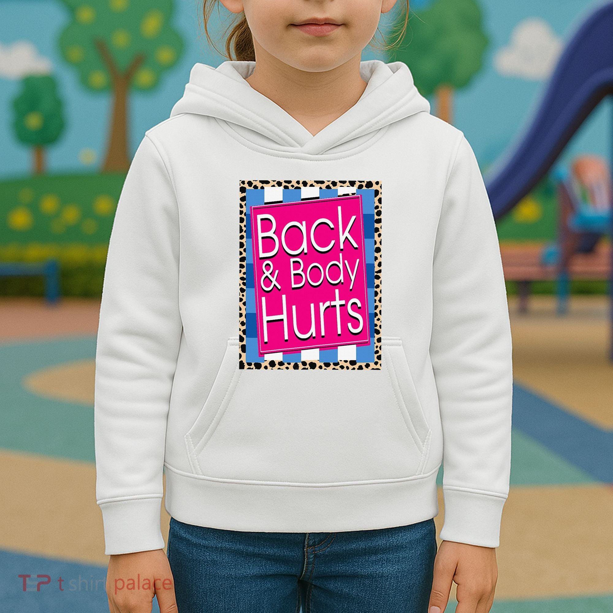 Funny Back Body Hurts Quote Workout Gym Leopard Kids Hoodie