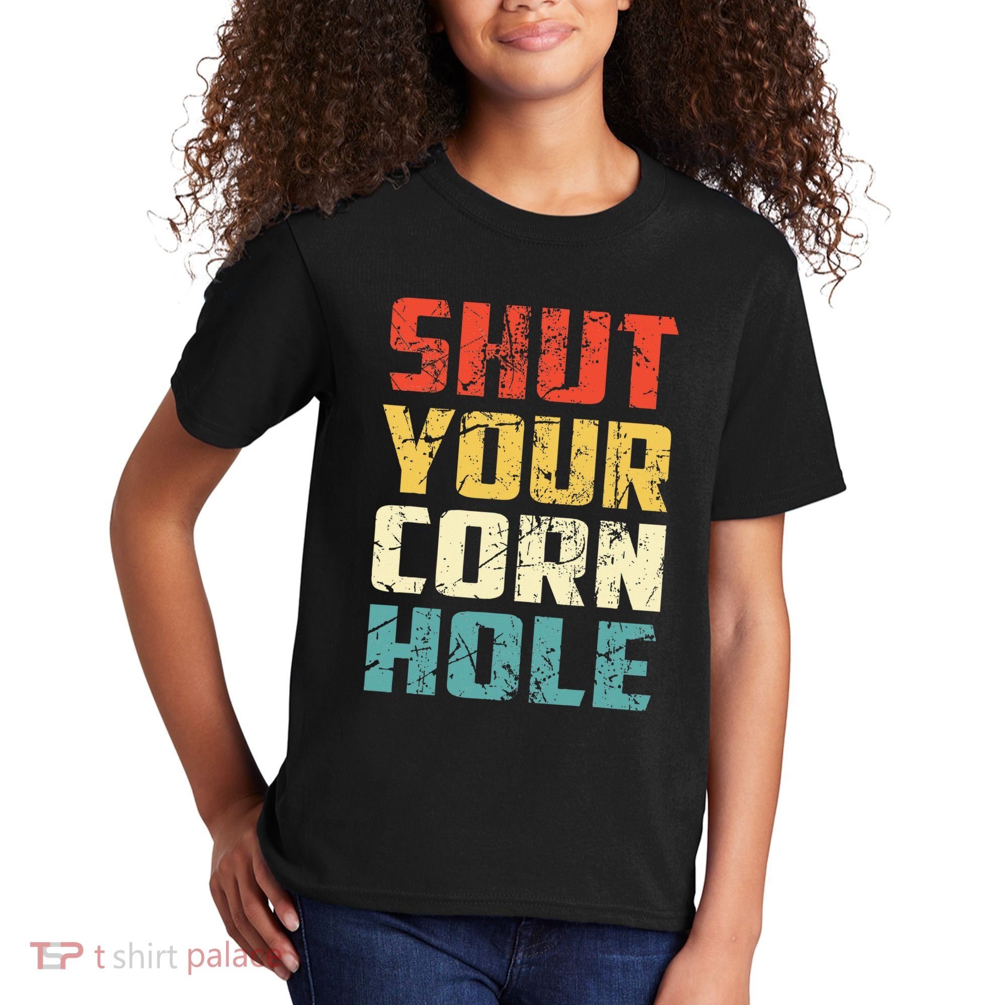 Funny Bean Bag Toss Cookout Retro Shut Your Cornhole Kids T-Shirt