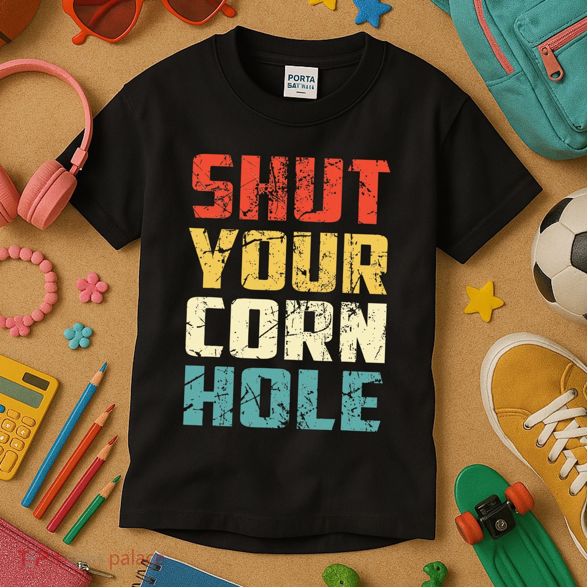 Funny Bean Bag Toss Cookout Retro Shut Your Cornhole Kids T-Shirt