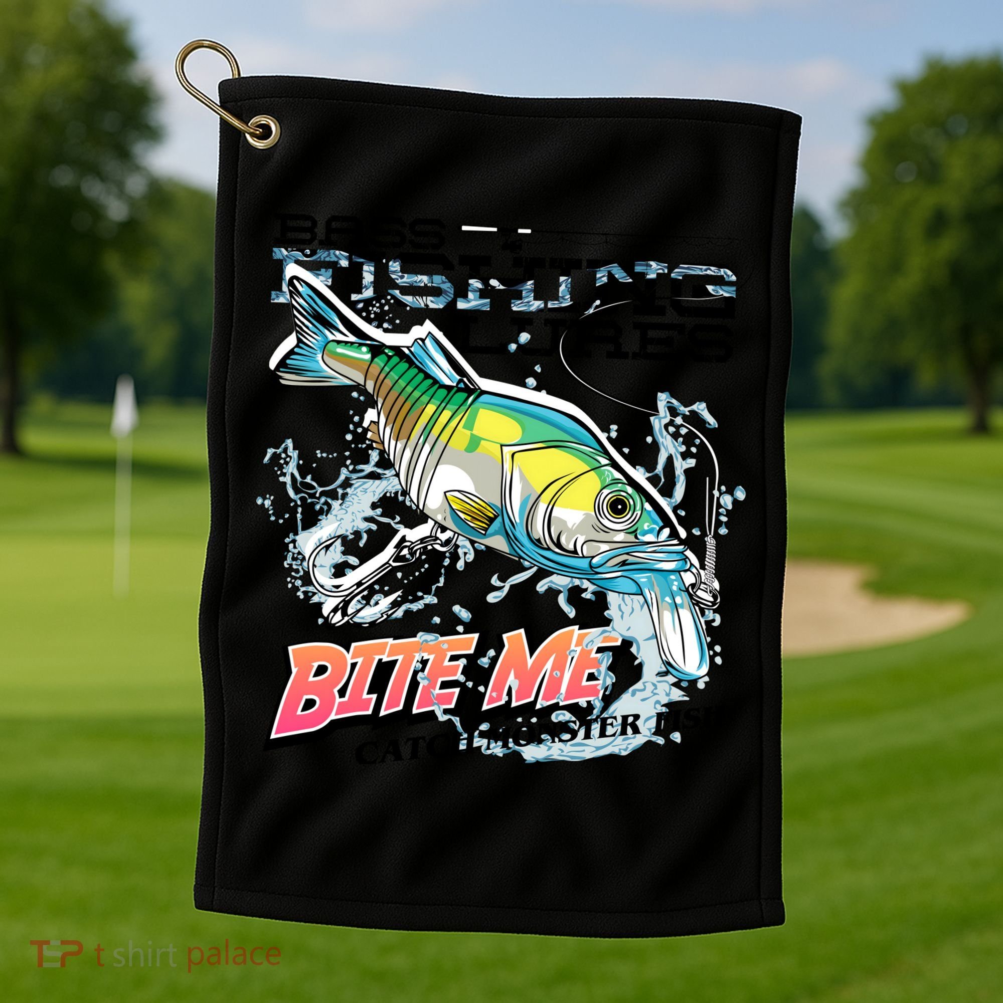 Funny Bass Bite Me Fishing Lures Golf Towel