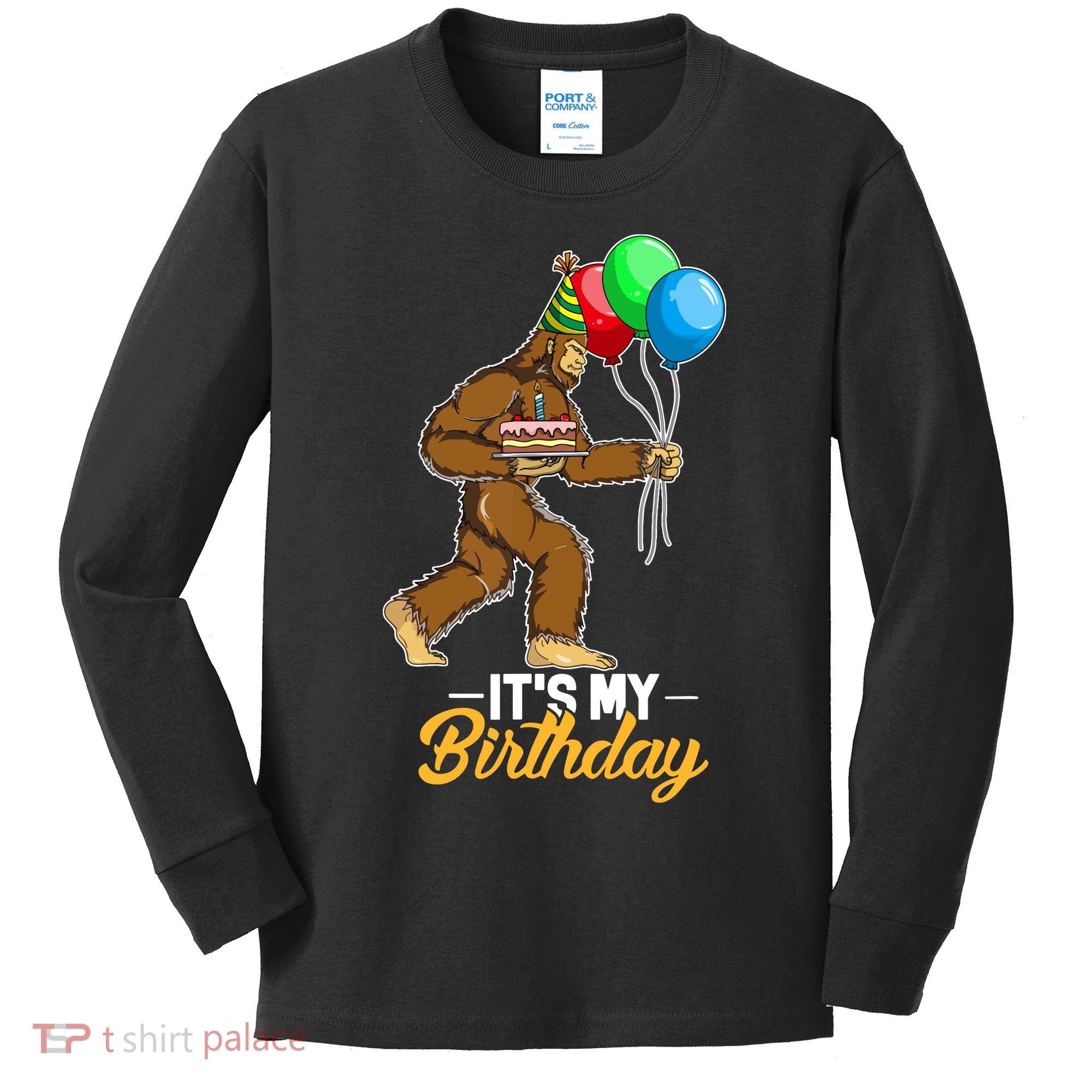 Funny Bigfoot Birthday Cake Balloons Sasquatch Yeti 1 Kids Long Sleeve Shirt