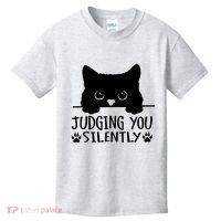 Funny Black Cat Judging You Silently Sarcastic Cat Mom Kids T-Shirt thumb 0