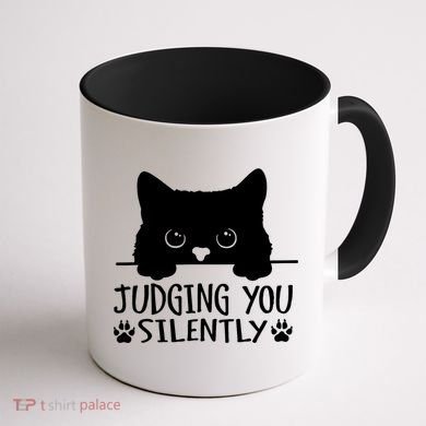 Funny Black Cat Judging You Silently Sarcastic Cat Mom Coffee Mug back