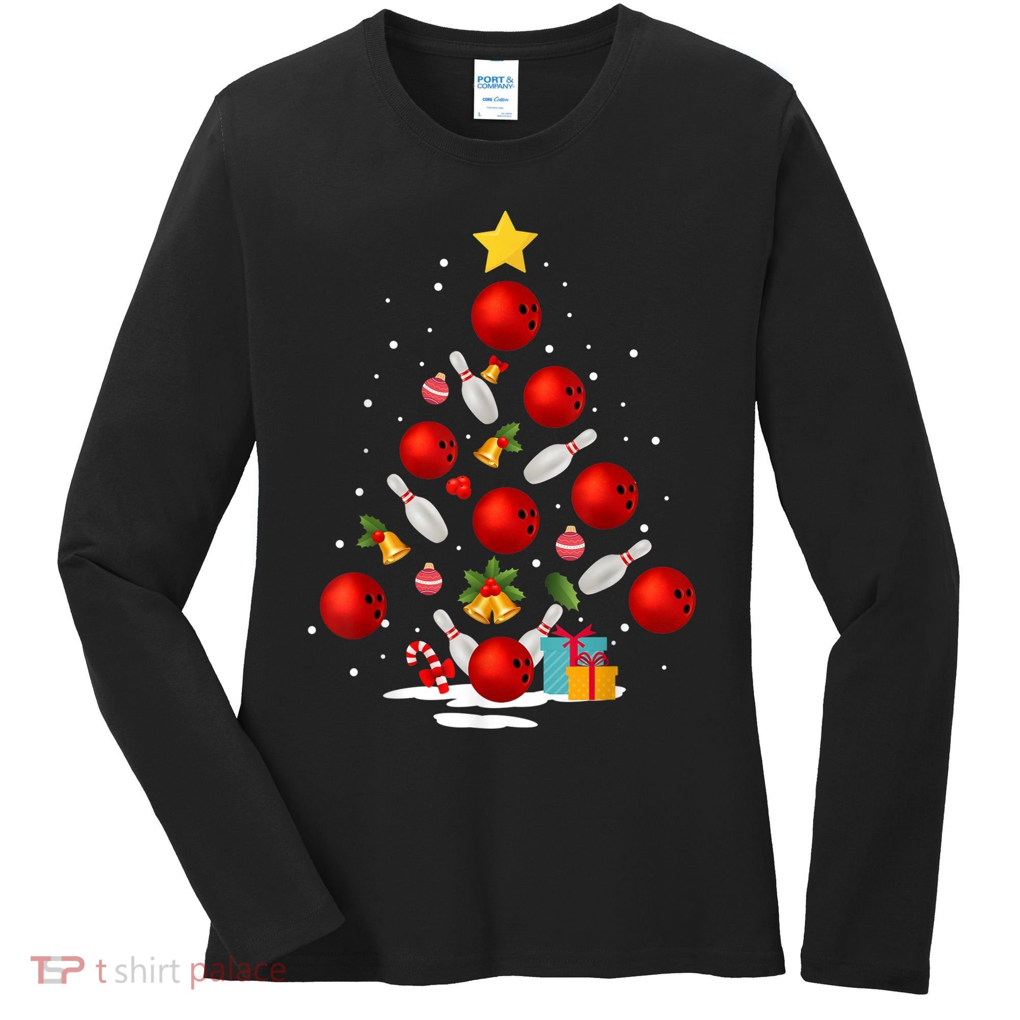 Funny Bowling Christmas Tree Lights Xmas Gifts Women's Long Sleeve Shirt