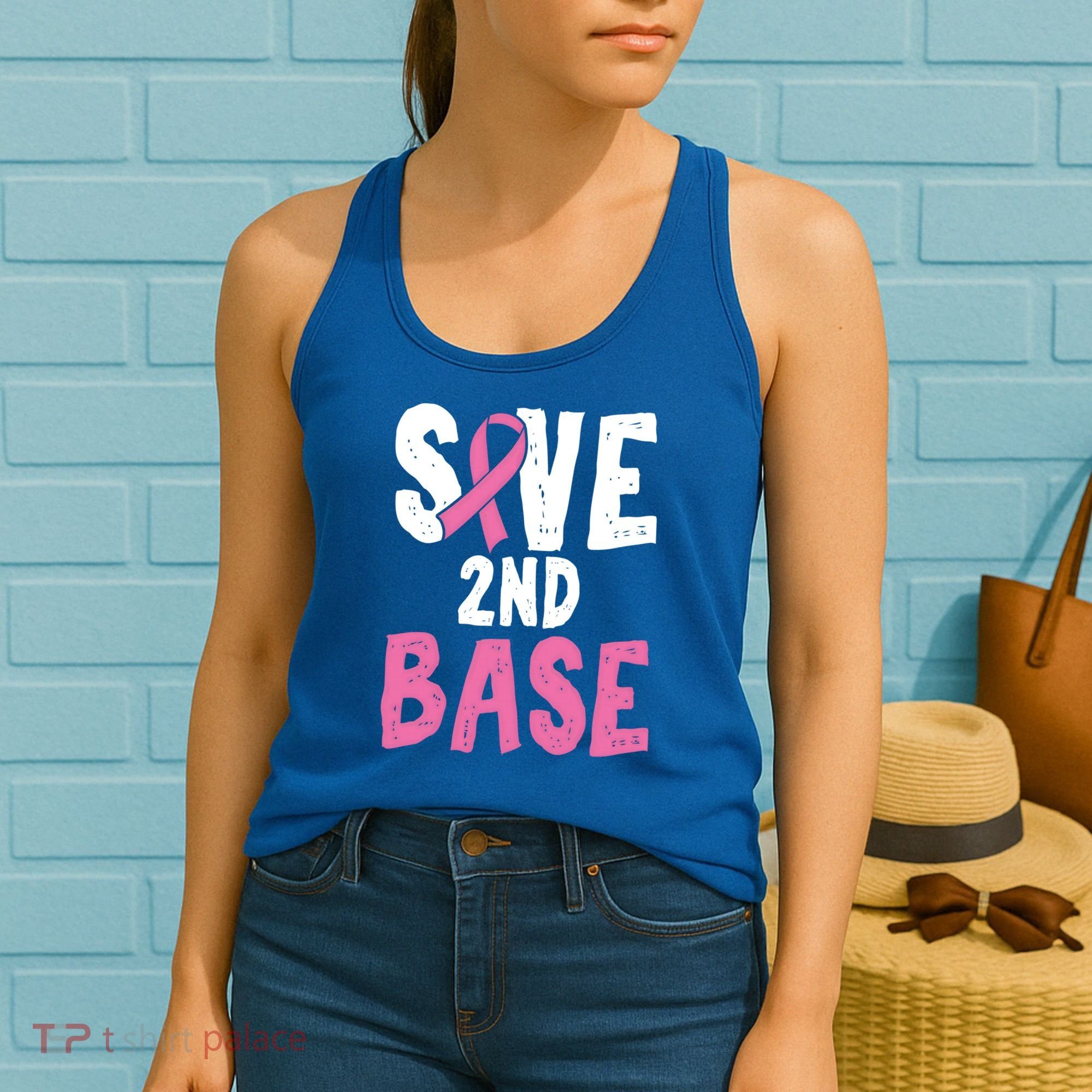 Funny Breast Cancer Awareness Month Save Second 2nd Base Great Gift Women's Tank Top