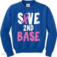 Funny Breast Cancer Awareness Month Save Second 2nd Base Great Gift Kids Sweatshirt thumb 0