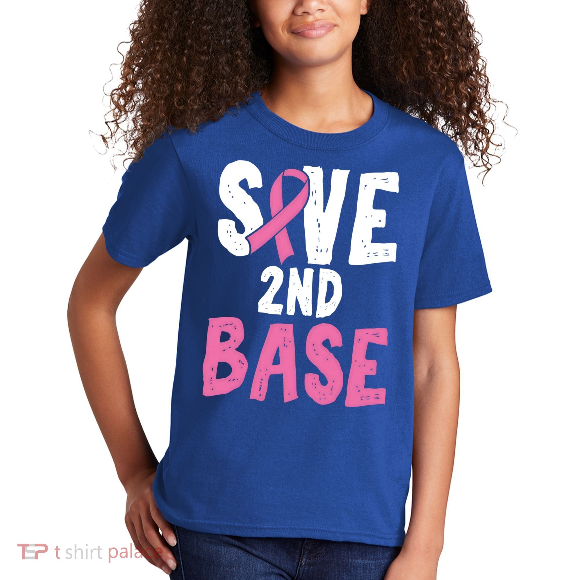 Funny Breast Cancer Awareness Month Save Second 2nd Base Great Gift Kids T-Shirt
