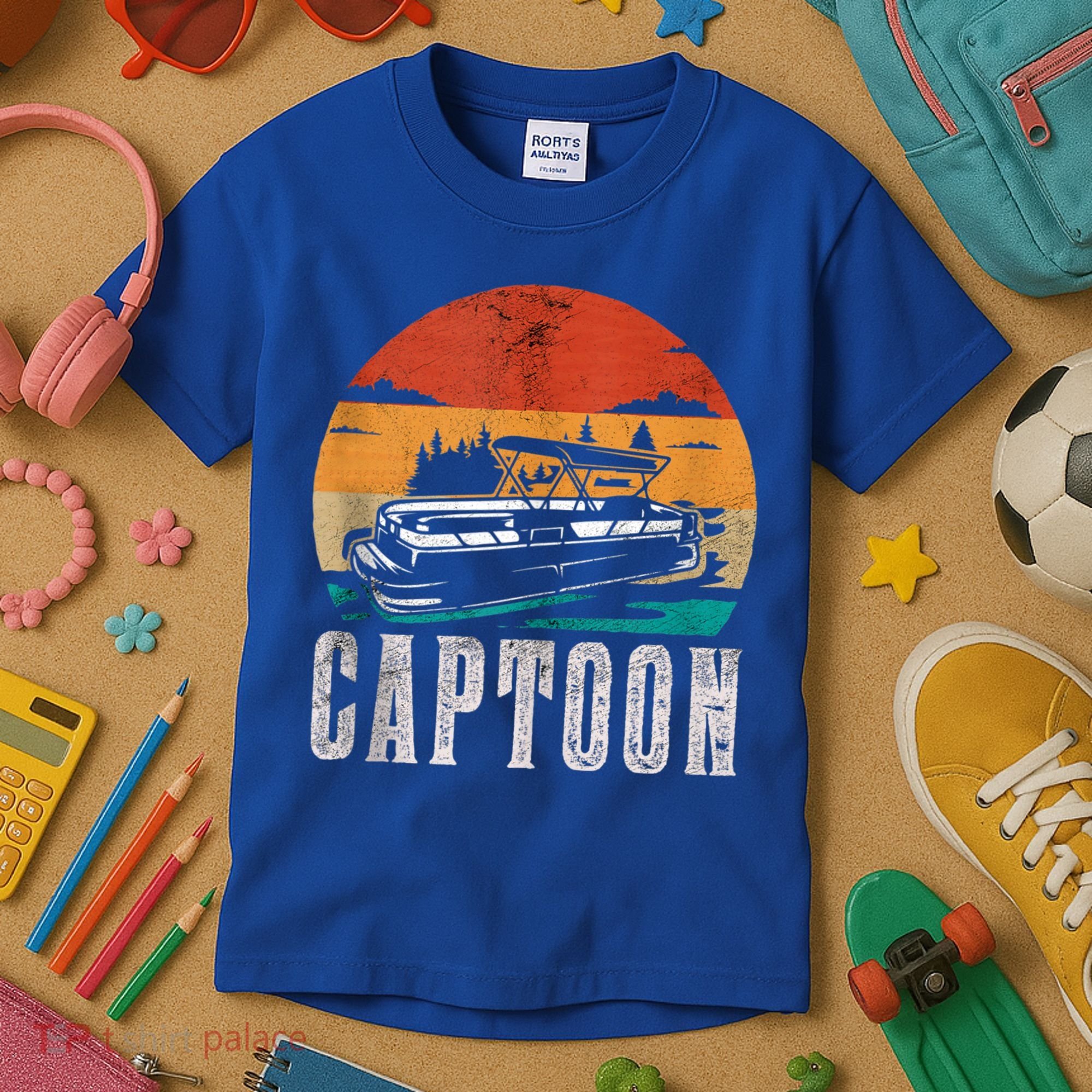 Funny Boating Captoon Pontoon Tritoon Captain Pontoon Boat Kids T-Shirt