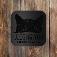 Funny Black Cat Judging You Silently Sarcastic Cat Mom Gift Coaster thumb 0