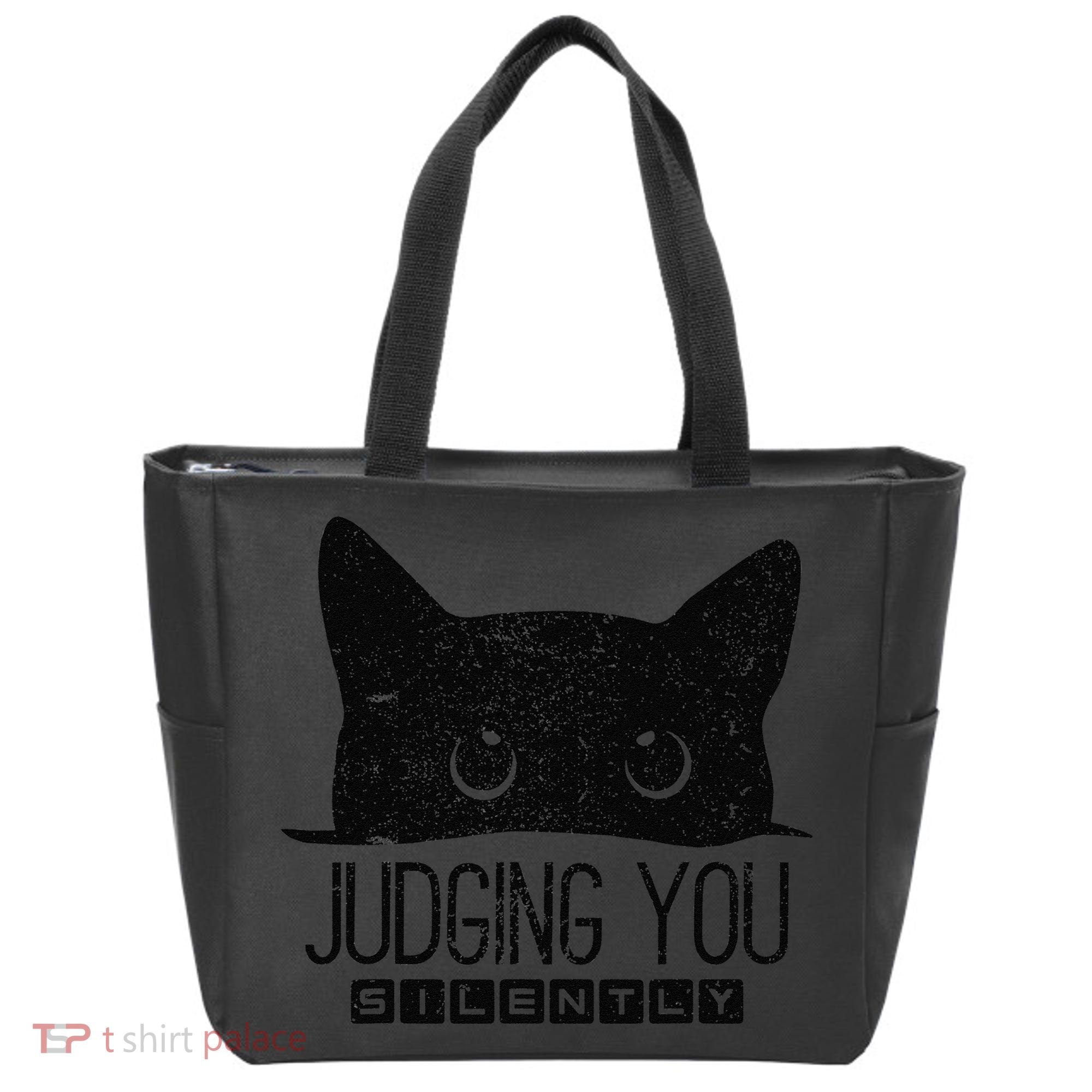 Funny Black Cat Judging You Silently Sarcastic Cat Mom Gift Tote Bag