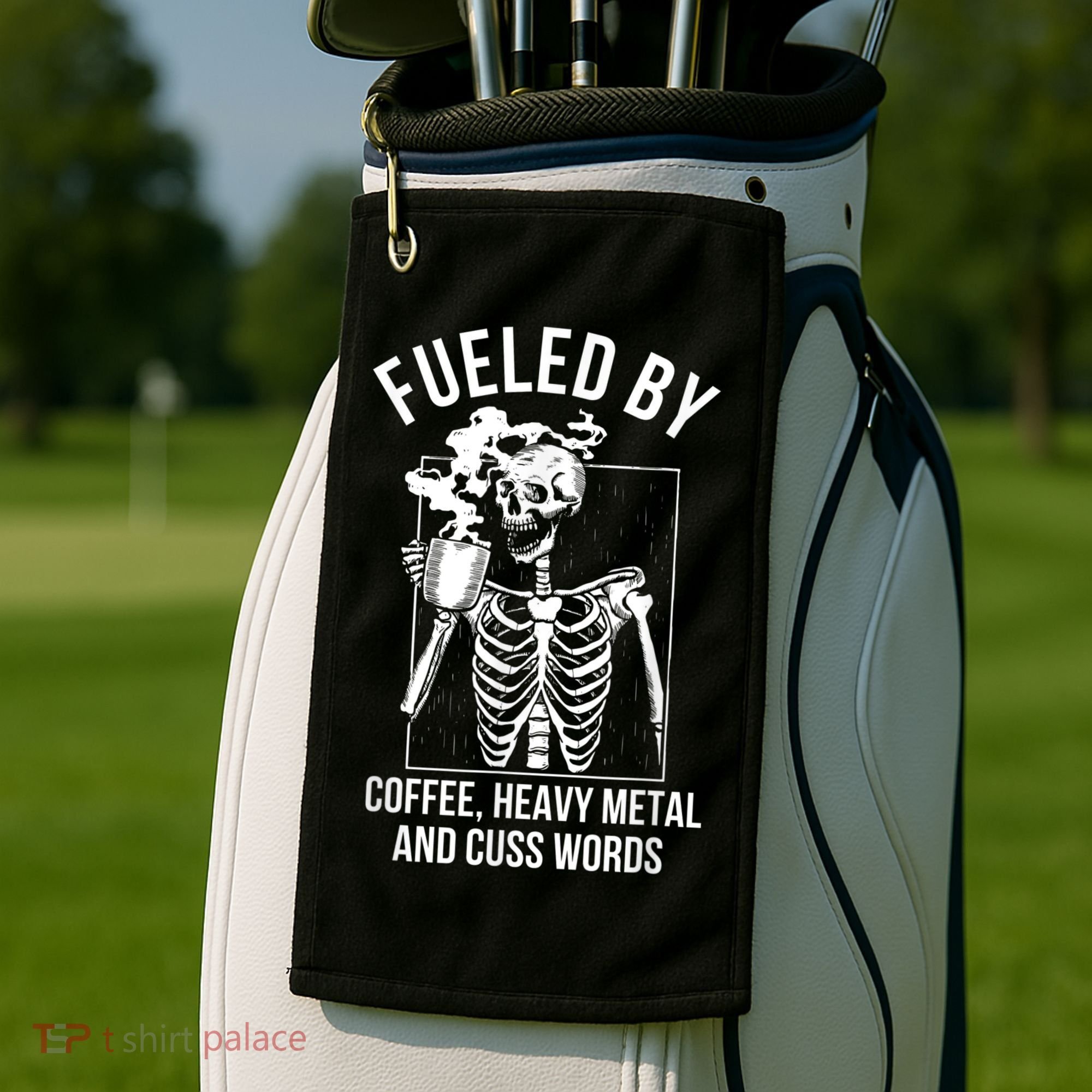 Fueled By Coffee Heavy Metal And Cuss Words Funny Coffee Golf Towel