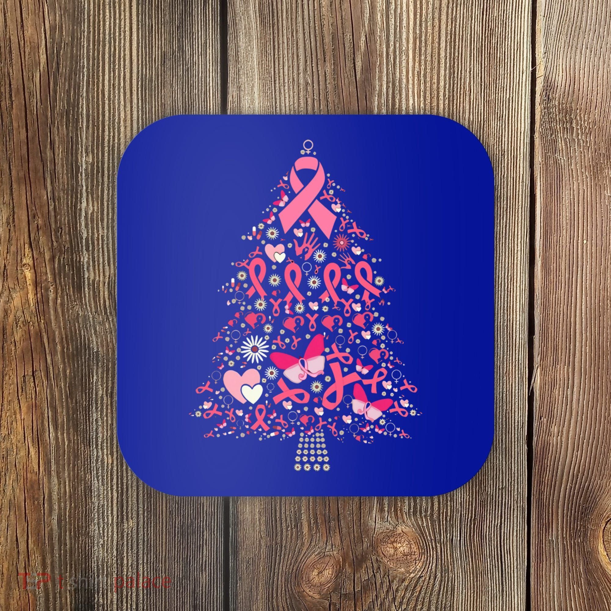 Funny Breast Cancer Awareness Christmas Tree Xmas Pink Coaster