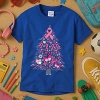 Funny Breast Cancer Awareness Christmas Tree Xmas Pink Kids T-Shirt thumb 3