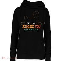Funny Black Cat Judging You Silently Sarcastic Cat Womens Funnel Neck Pullover Hood thumb 0