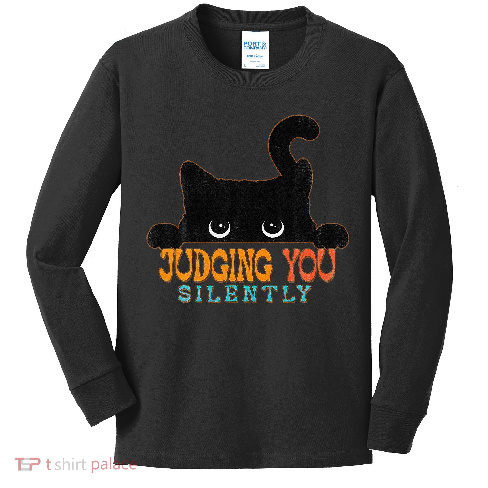 Funny Black Cat Judging You Silently Sarcastic Cat Kids Long Sleeve Shirt