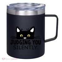 Funny Black Cat Judging You Silently Sarcastic Saying Cool Gift 12oz Stainless Steel Coffee Mug thumb 0