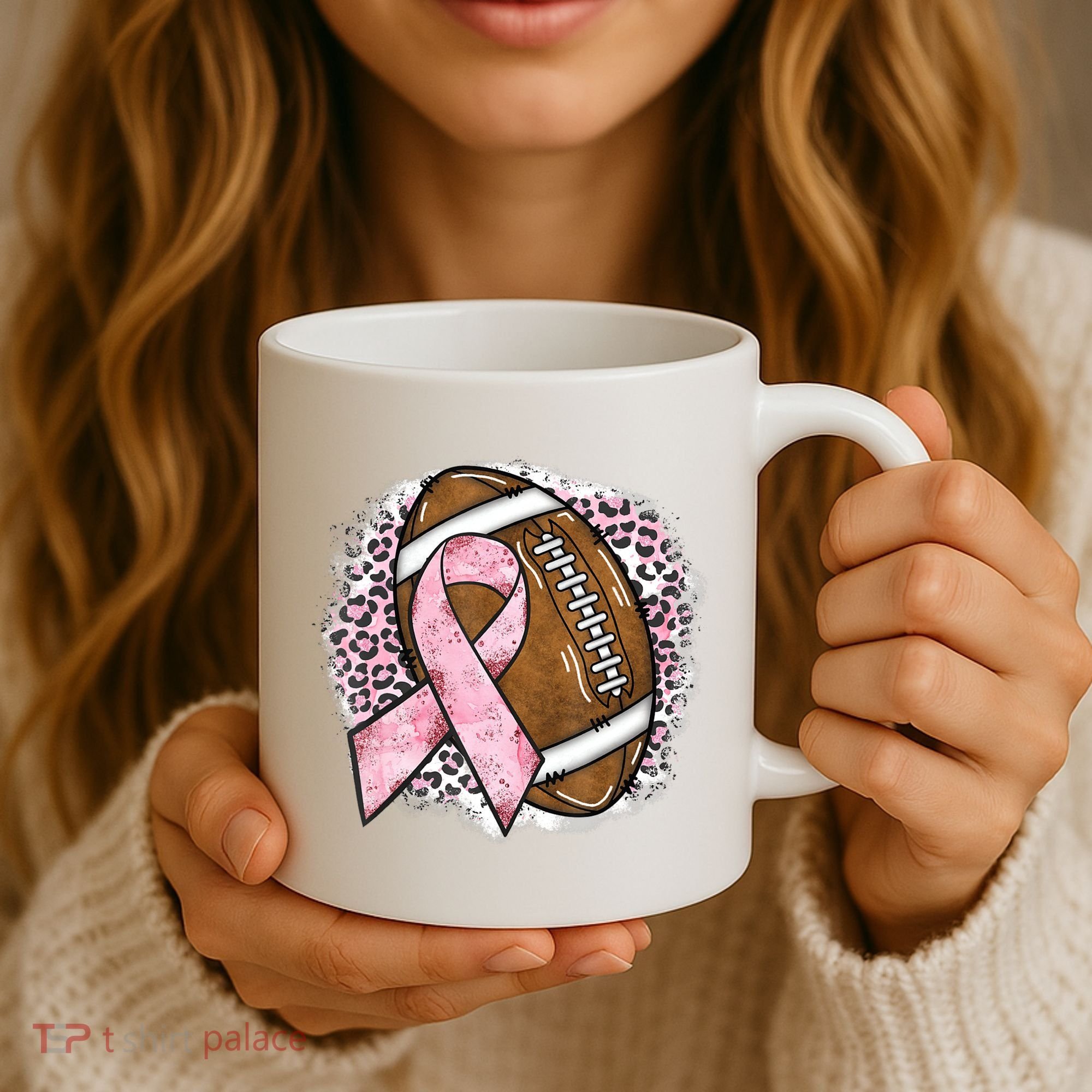 Football Breast Cancer Awareness Pink Ribbon Leopard Coffee Mug