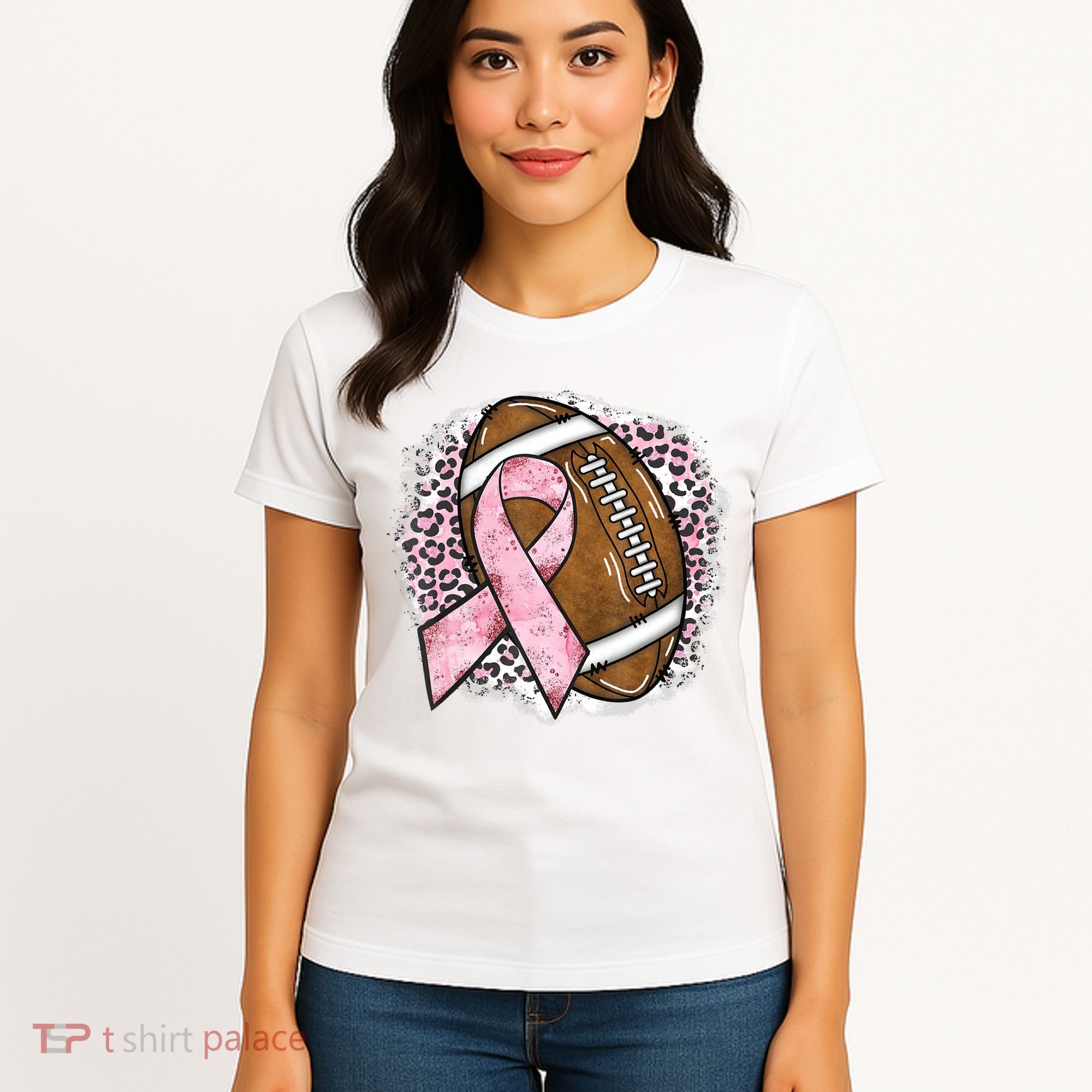 Football Breast Cancer Awareness Pink Ribbon Leopard Women's T-Shirt