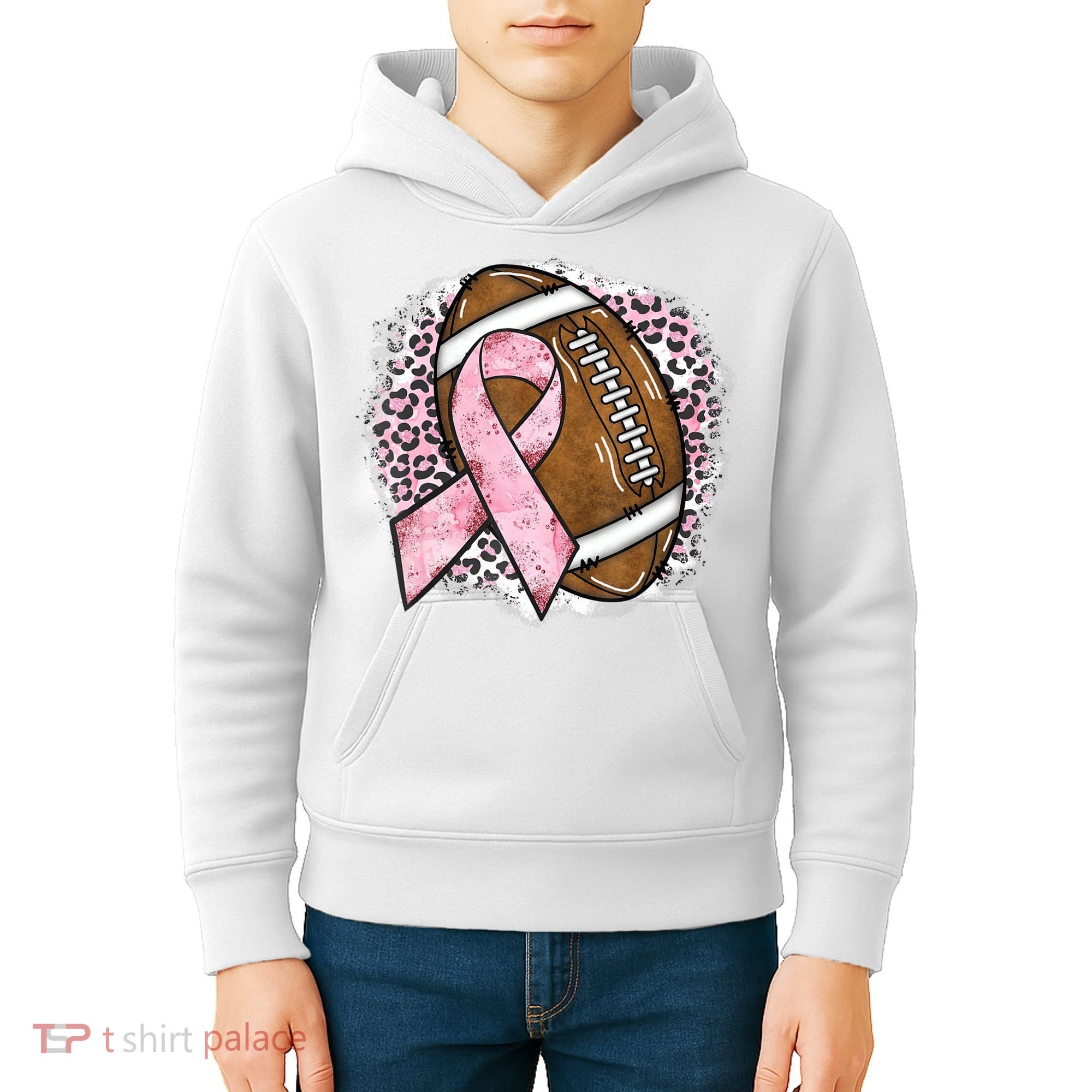 Football Breast Cancer Awareness Pink Ribbon Leopard Kids Hoodie