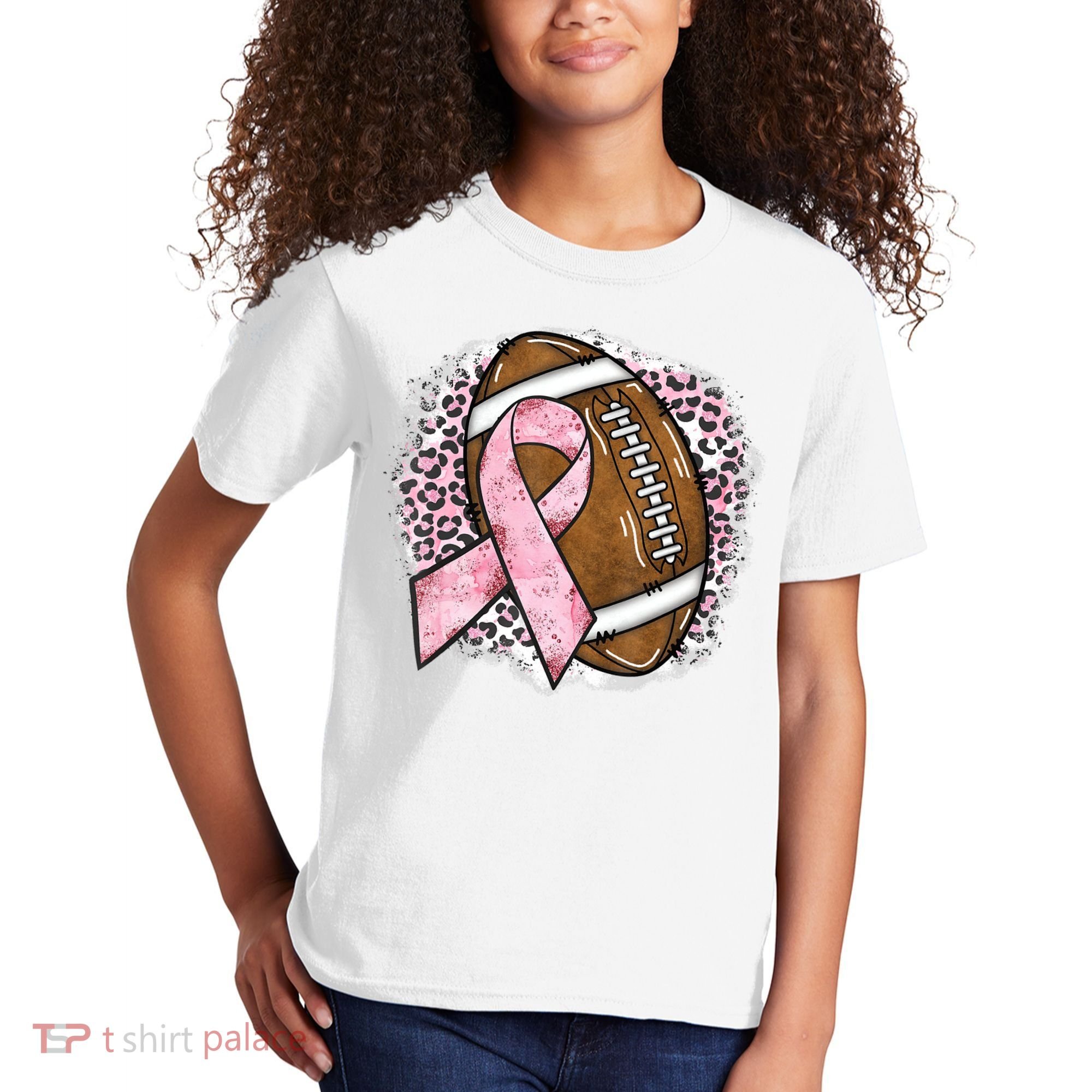 Football Breast Cancer Awareness Pink Ribbon Leopard Kids T-Shirt