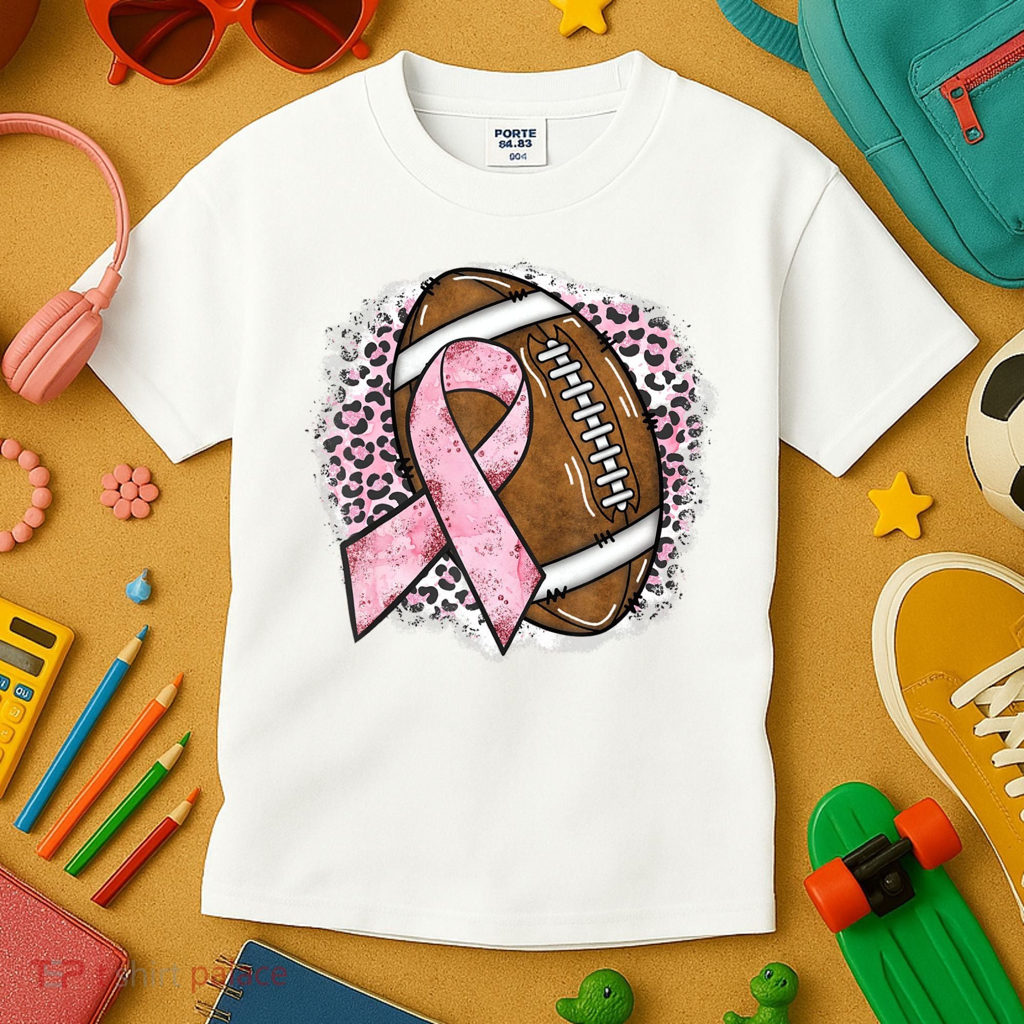 Football Breast Cancer Awareness Pink Ribbon Leopard Kids T-Shirt