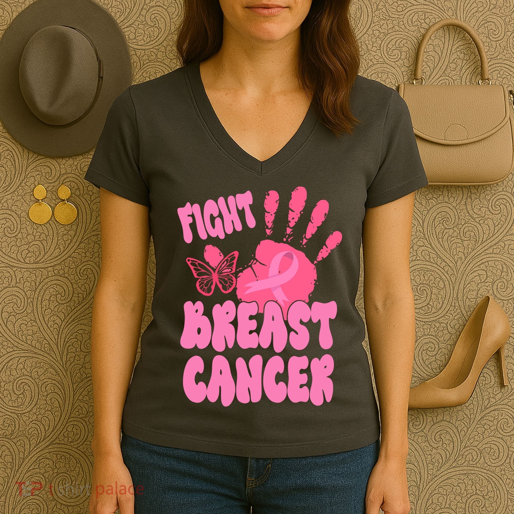 Fight Breast Cancer Handprint Ribbon Women's V-Neck T-Shirt