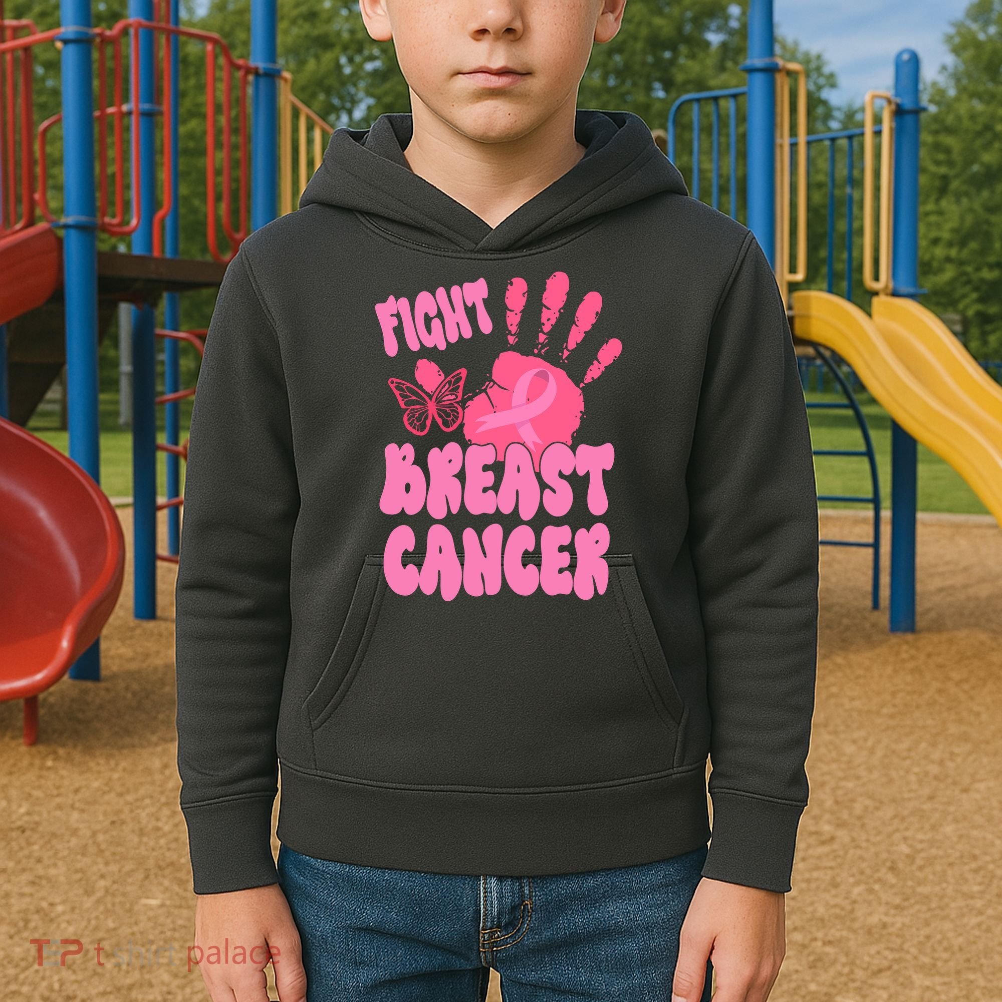 Fight Breast Cancer Handprint Ribbon Kids Hoodie