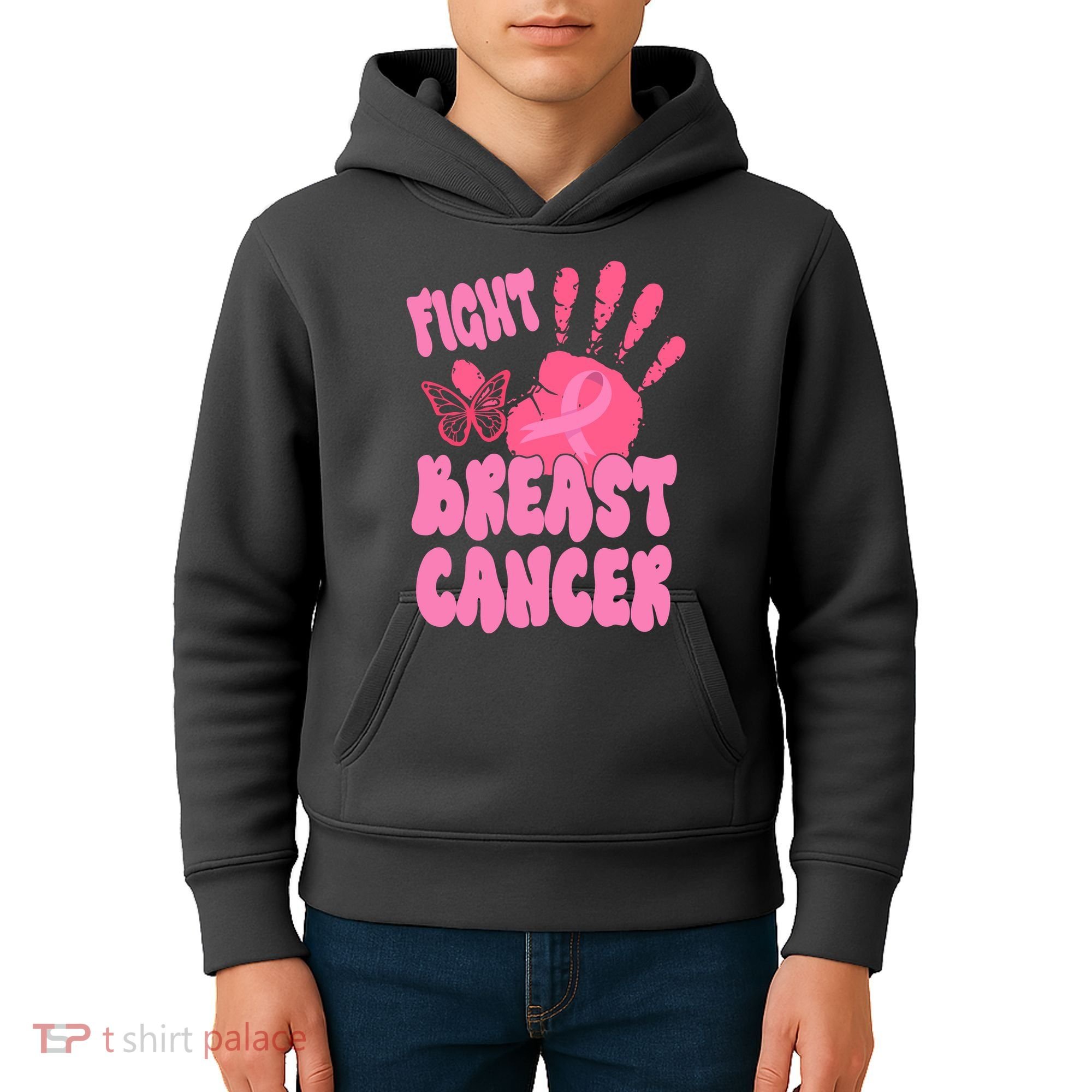 Fight Breast Cancer Handprint Ribbon Kids Hoodie