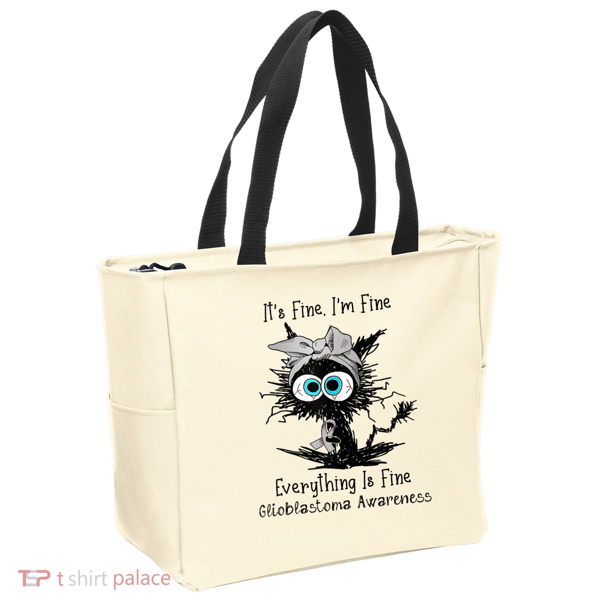 Funny Black Cat Its Fine IM Fine Glioblastoma Awareness Tote Bag