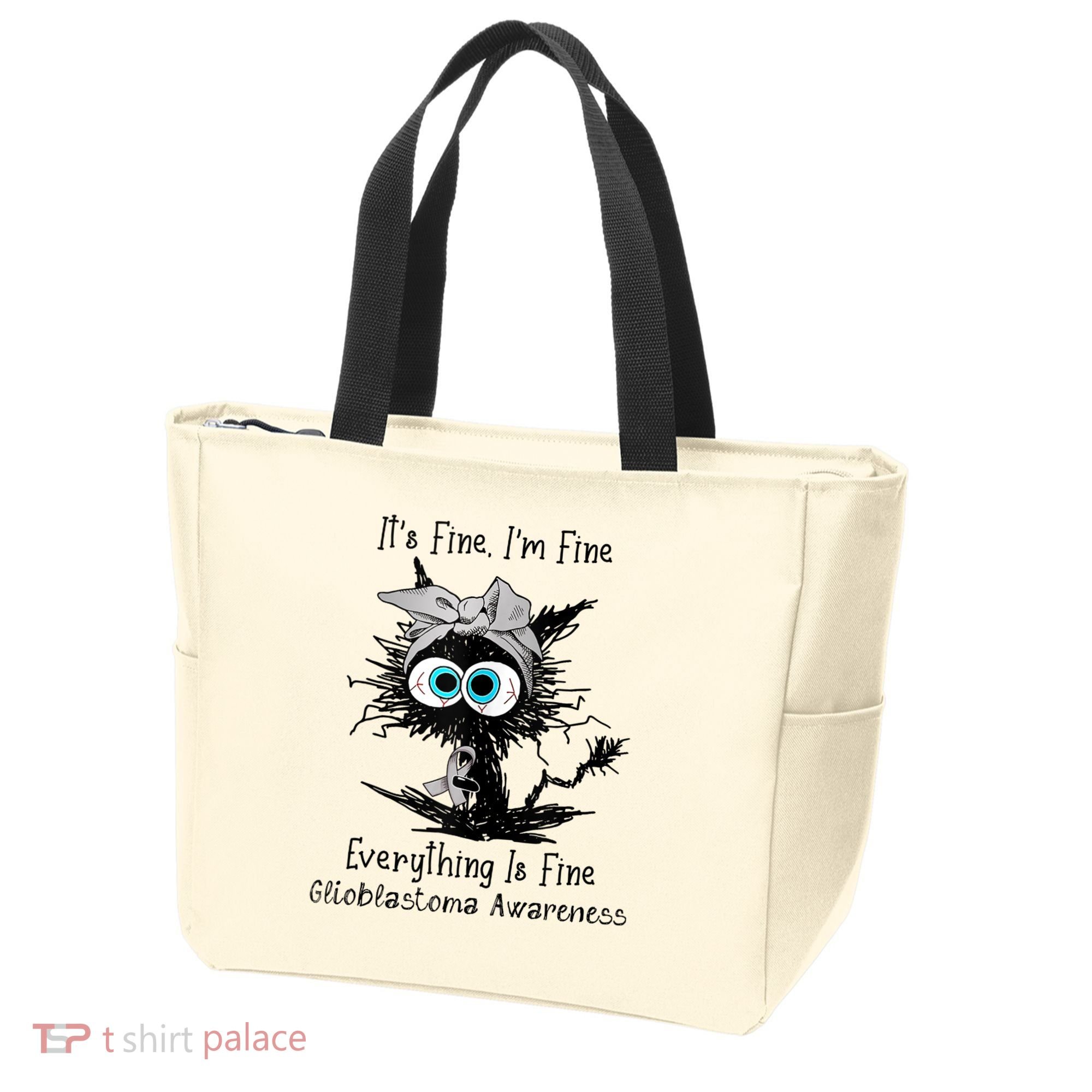 Funny Black Cat Its Fine IM Fine Glioblastoma Awareness Tote Bag