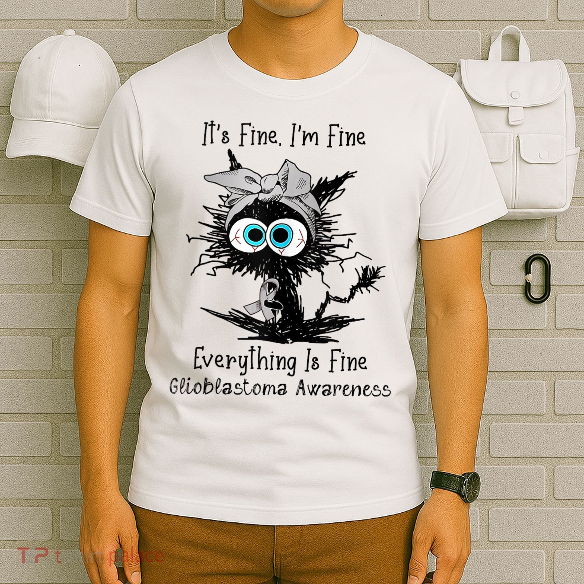 Funny Black Cat Its Fine IM Fine Glioblastoma Awareness T-Shirt