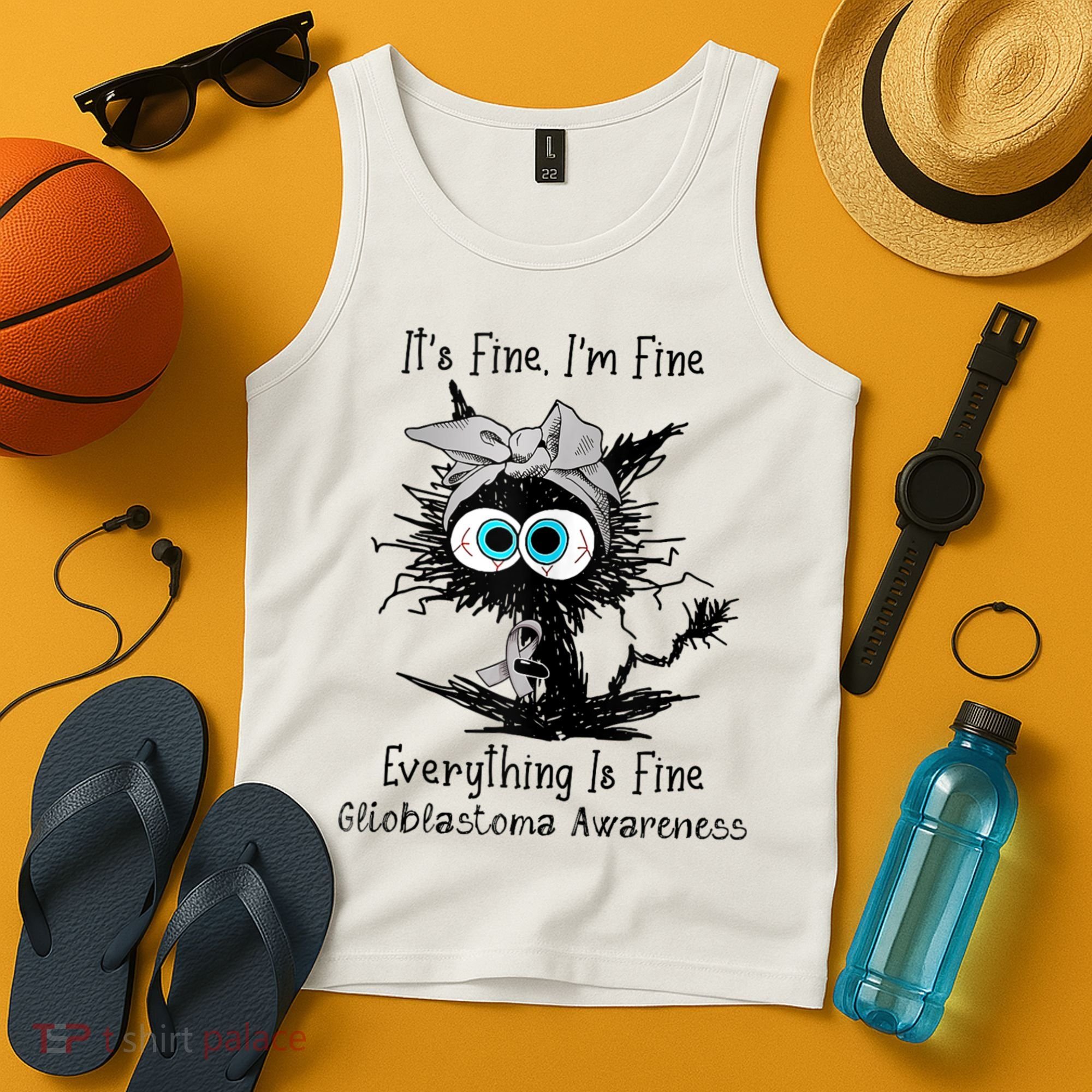 Funny Black Cat Its Fine IM Fine Glioblastoma Awareness Tank Top