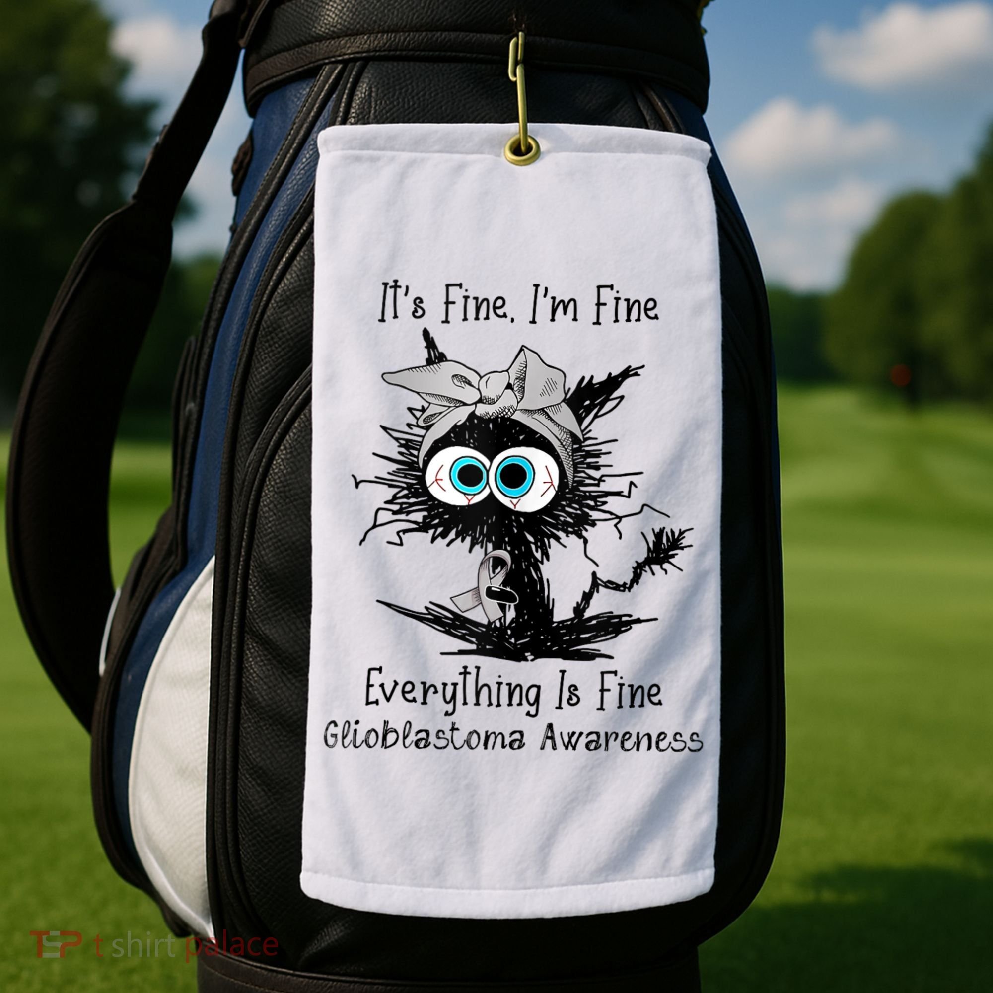 Funny Black Cat Its Fine IM Fine Glioblastoma Awareness Golf Towel