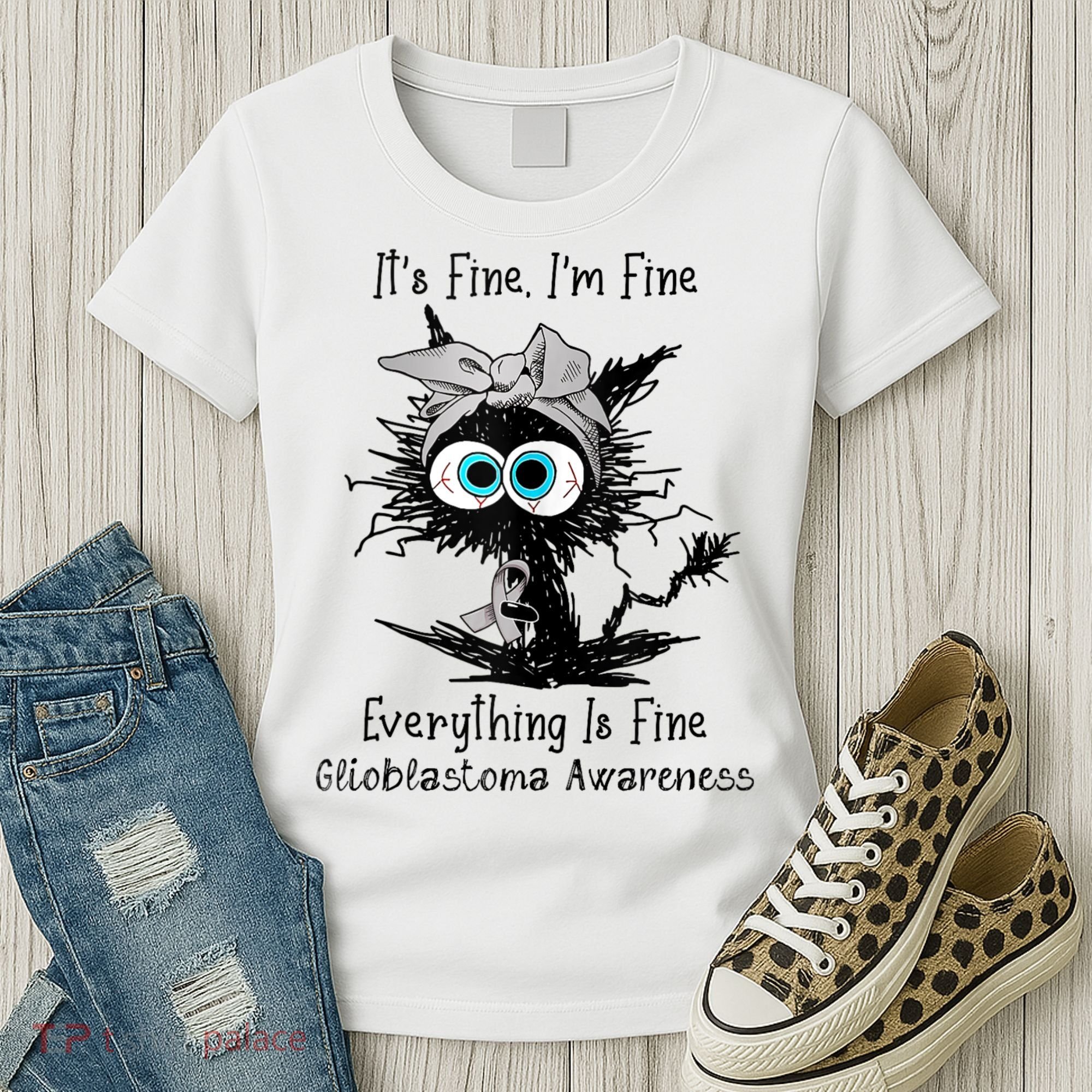Funny Black Cat Its Fine IM Fine Glioblastoma Awareness Women's T-Shirt