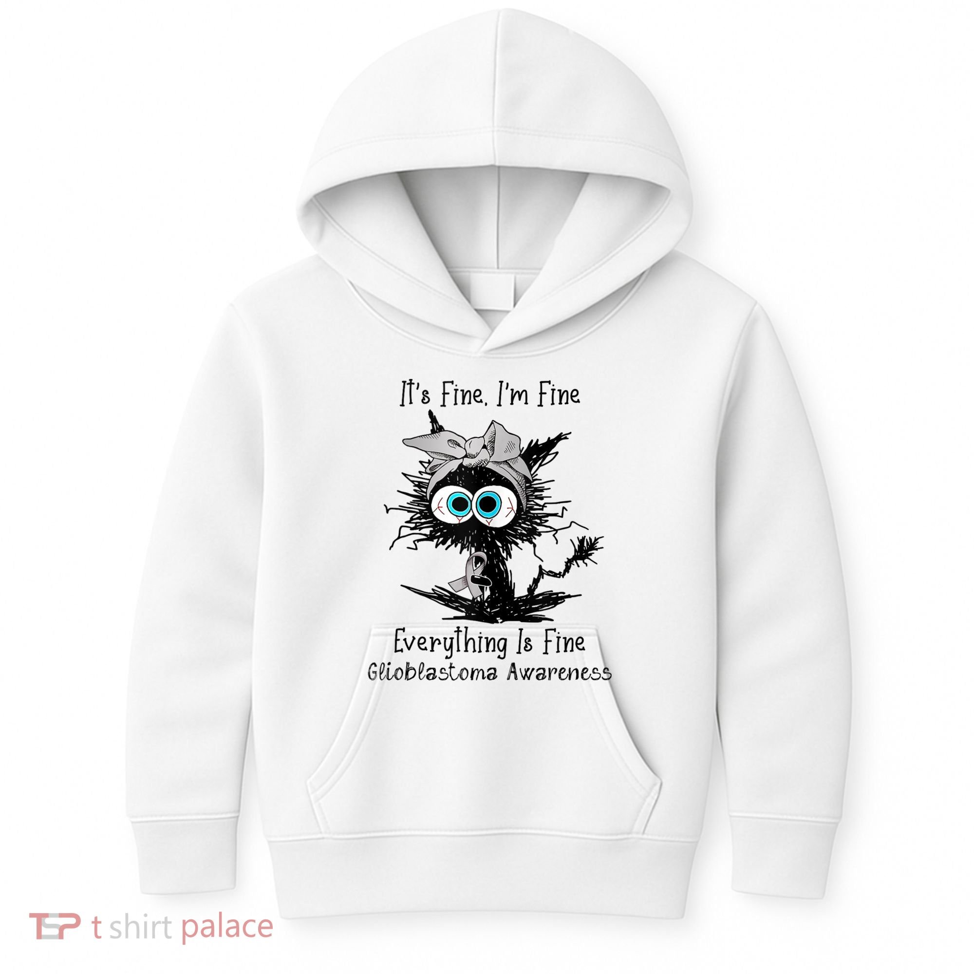 Funny Black Cat Its Fine IM Fine Glioblastoma Awareness Kids Hoodie