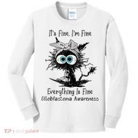 Funny Black Cat Its Fine IM Fine Glioblastoma Awareness Kids Long Sleeve Shirt thumb 0