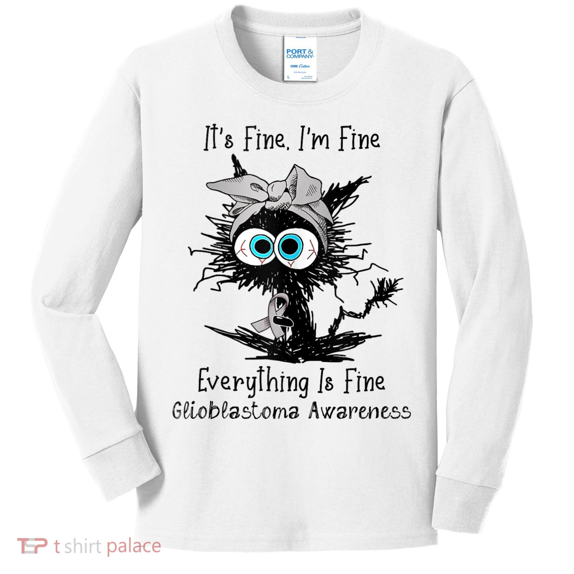 Funny Black Cat Its Fine IM Fine Glioblastoma Awareness Kids Long Sleeve Shirt