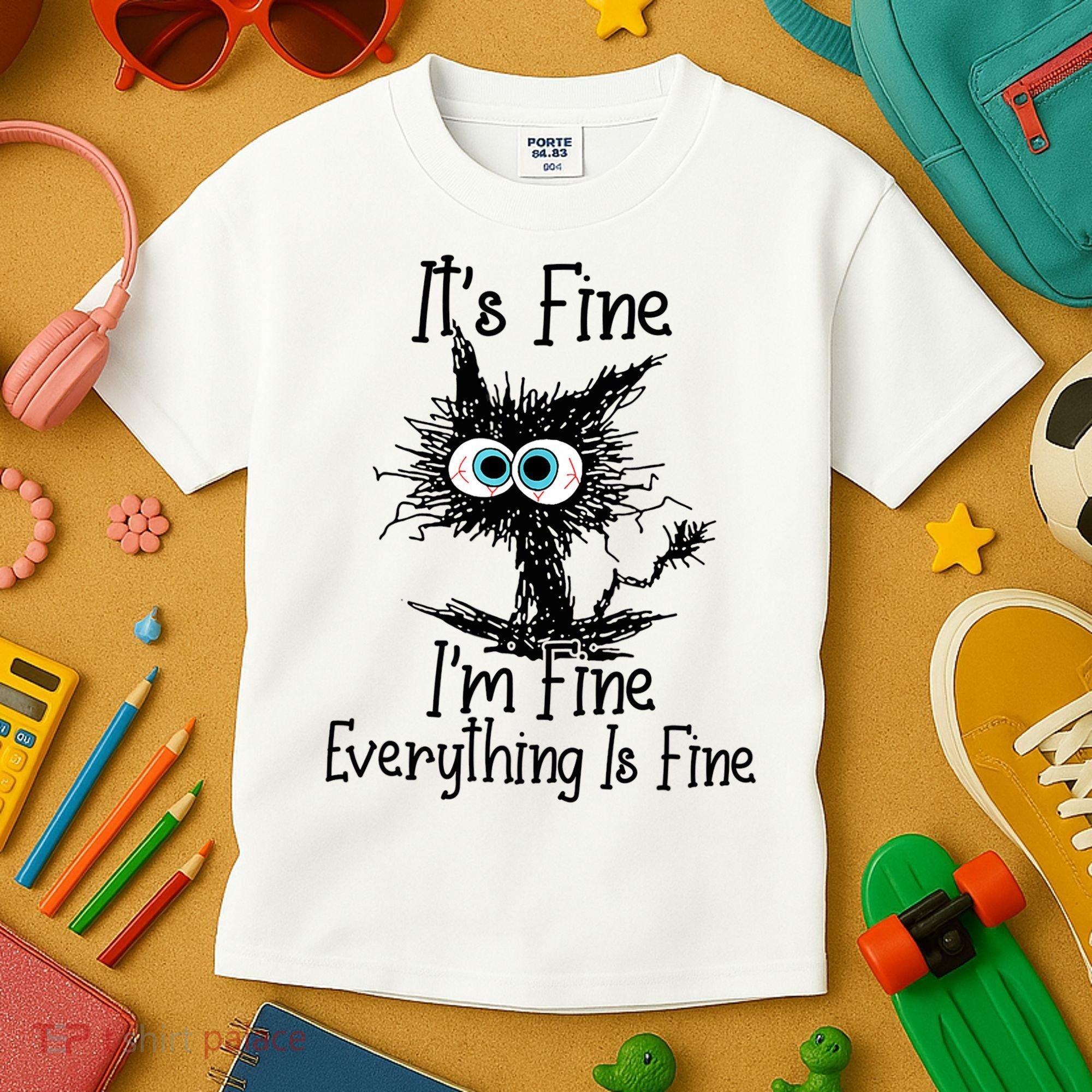 Funny Black Cat It's Fine I'm Fine Everything Is Fine Kids T-Shirt