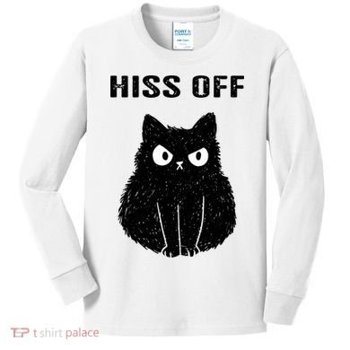 Funny Black Cat Hiss Off Meow Cat Kids Long Sleeve Shirt