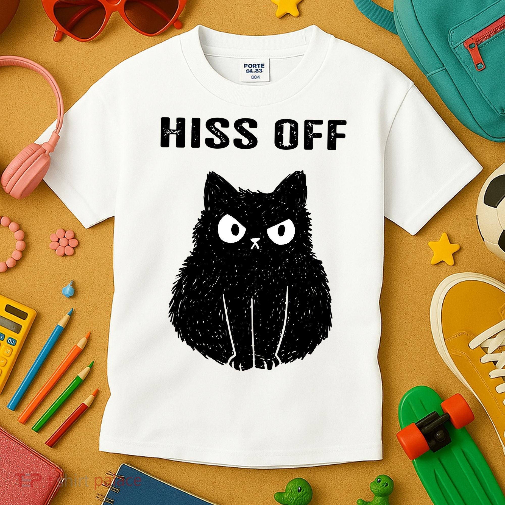 Funny Black Cat Hiss Off Meow Cat Kids T-Shirt