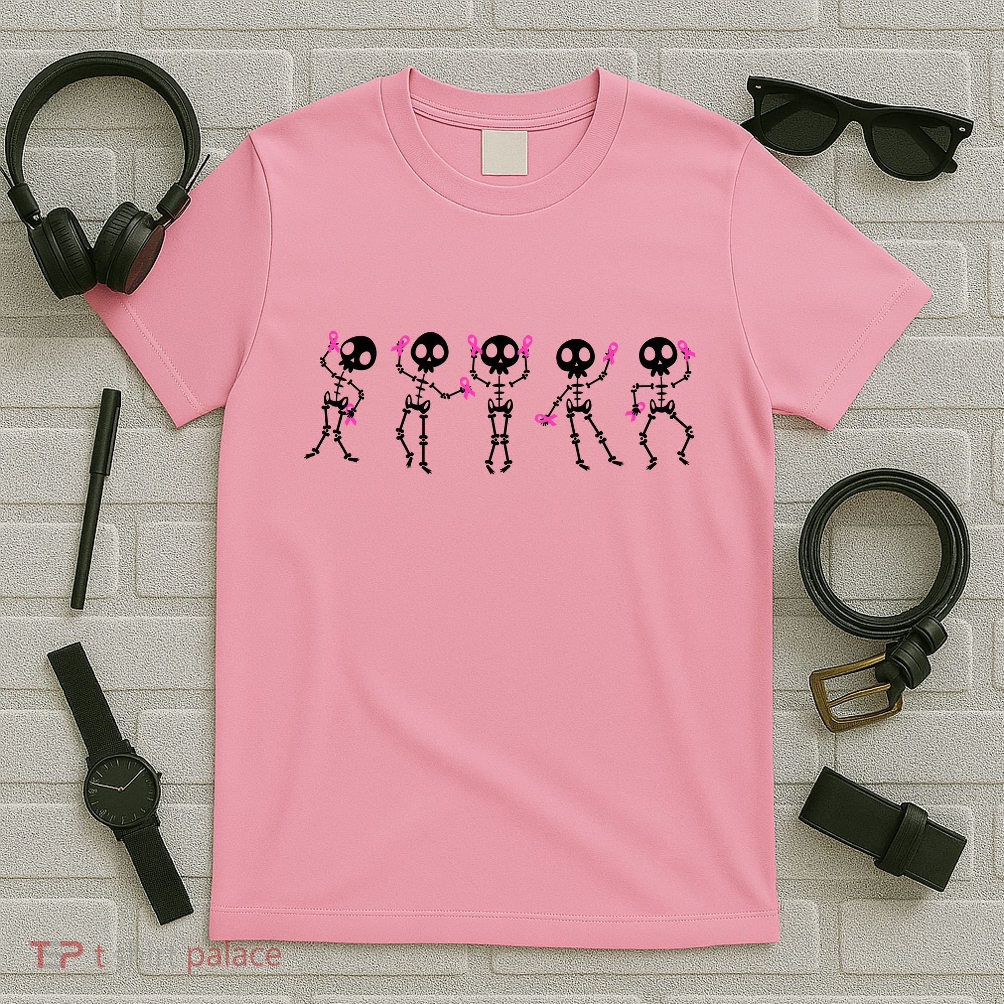 Funny Breast Cancer Awareness Dancing Halloween Skeletons T-Shirt