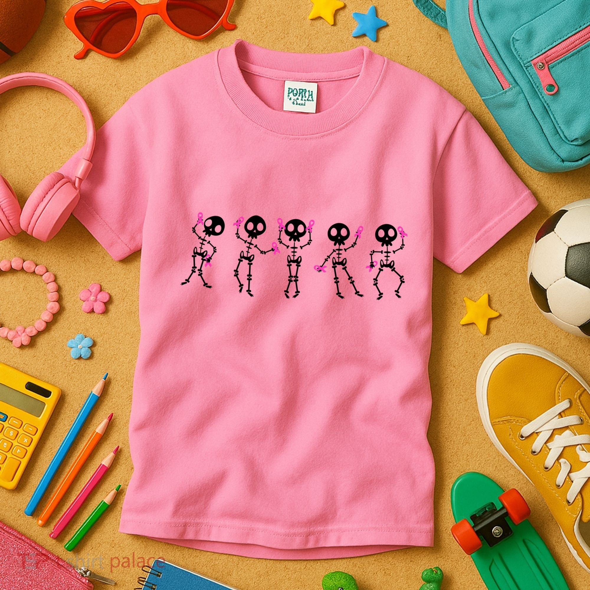 Funny Breast Cancer Awareness Dancing Halloween Skeletons Kids T-Shirt