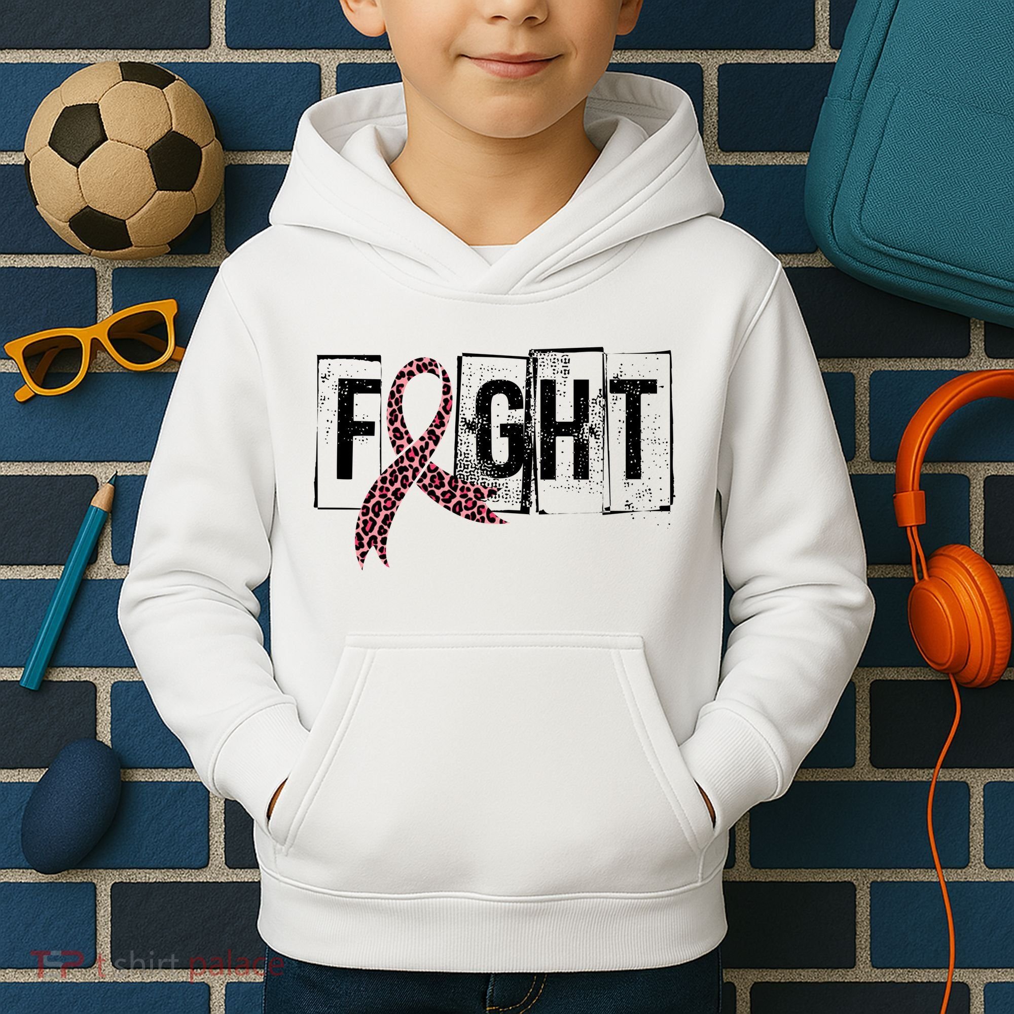 Fight Breast Cancer Awareness Leopard Ribbon Kids Hoodie