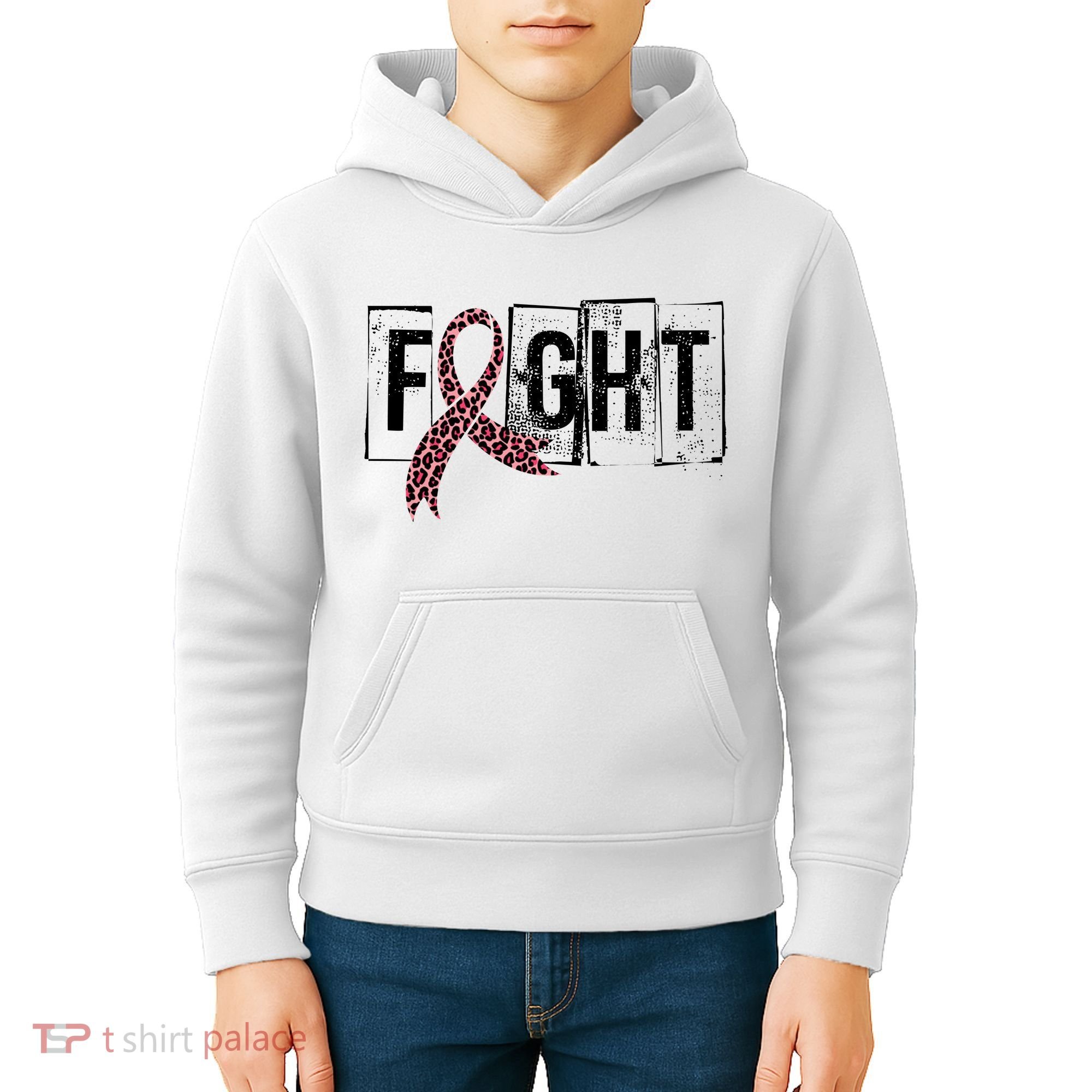 Fight Breast Cancer Awareness Leopard Ribbon Kids Hoodie