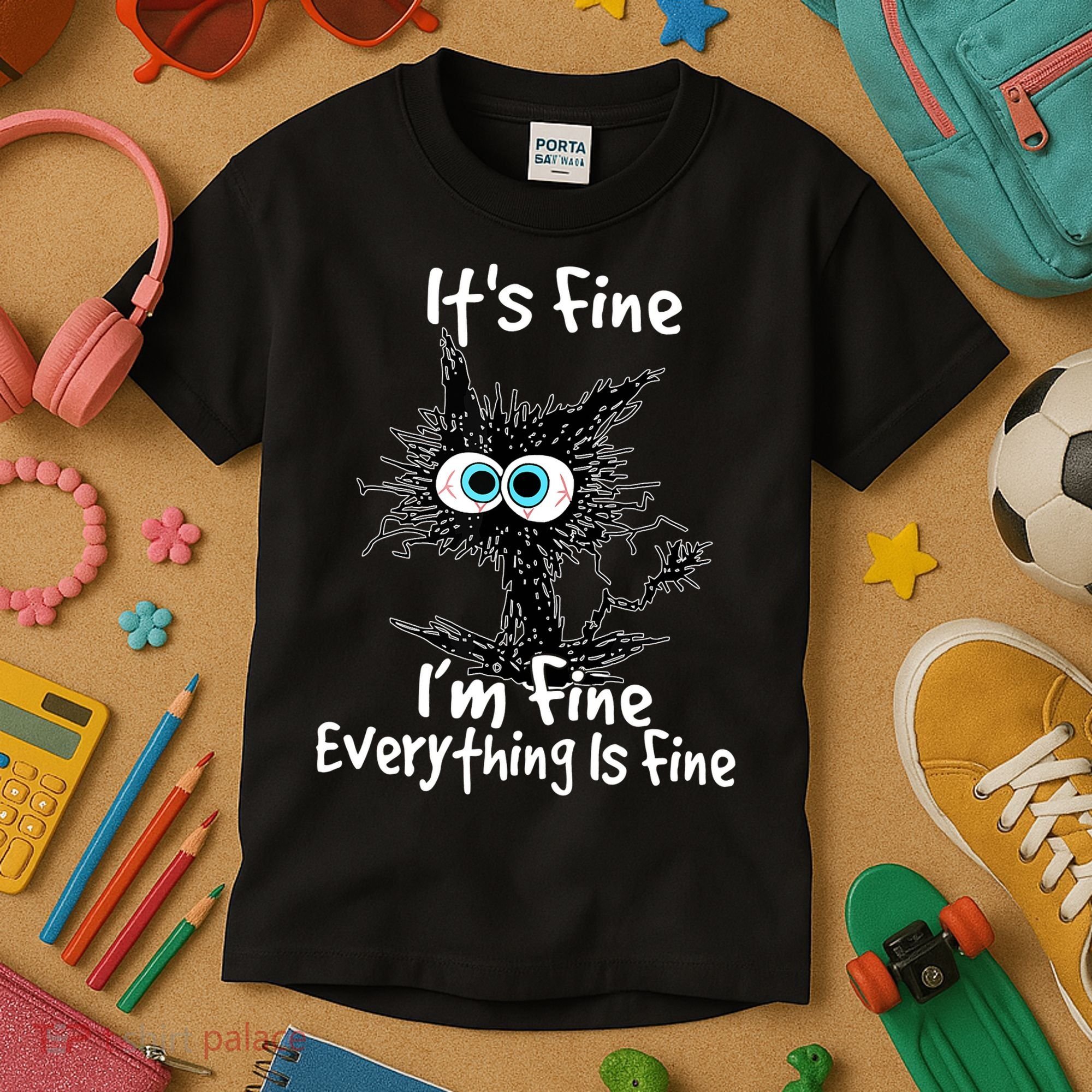 Funny Black Cat It's Fine I'm Fine Everything Is Fine Kids T-Shirt