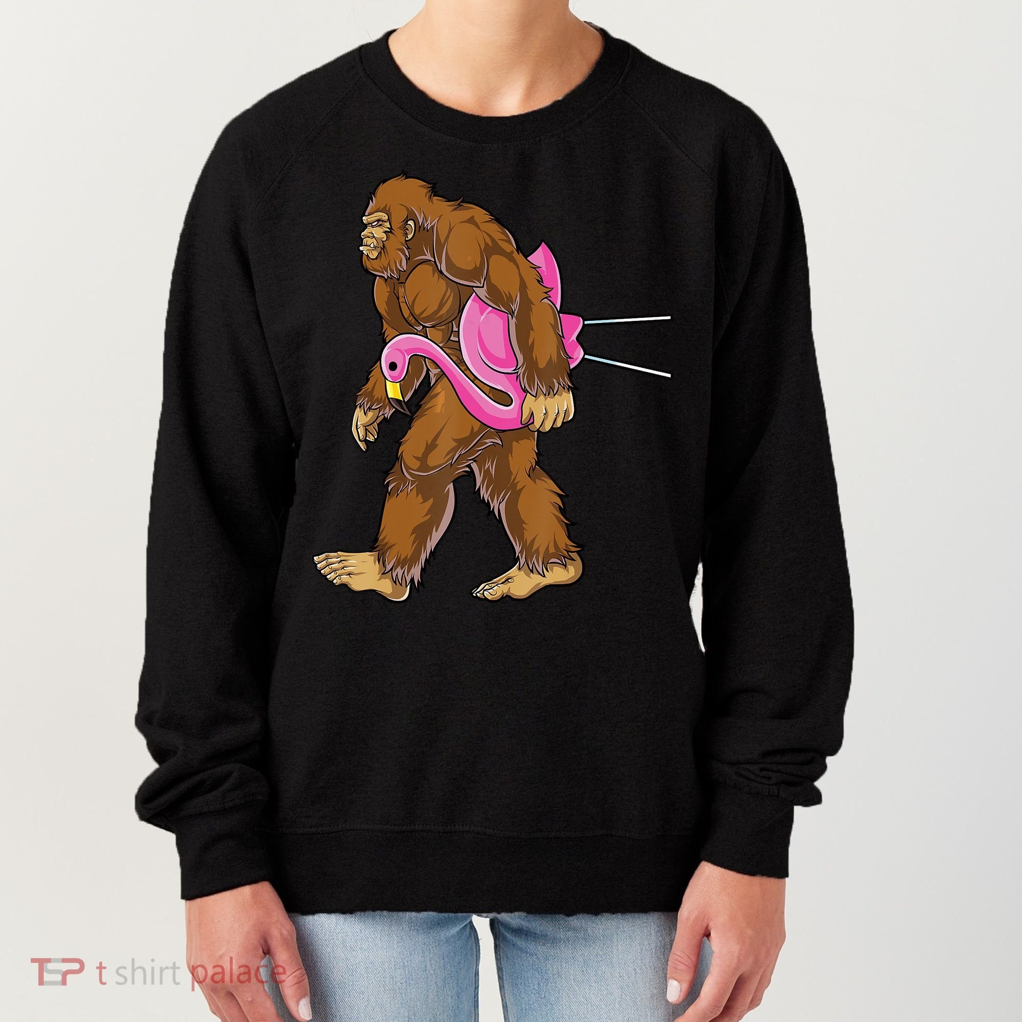 Funny Bigfoot Carry Flamingo Walking Sasquatch Believe Women's Sweatshirt