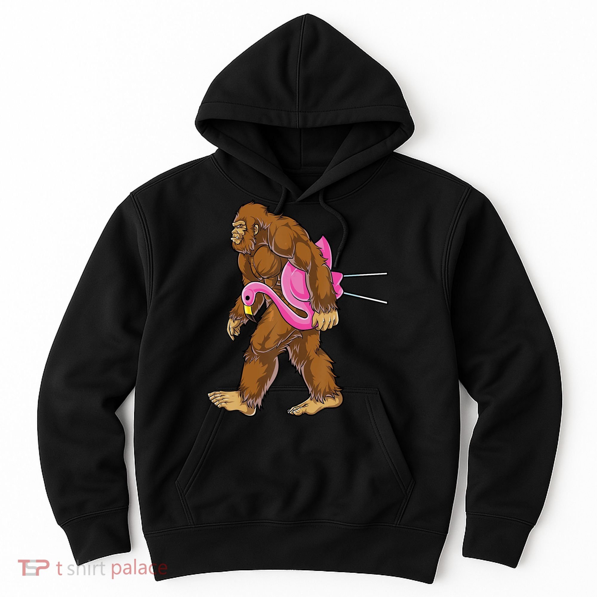 Funny Bigfoot Carry Flamingo Walking Sasquatch Believe Hoodie